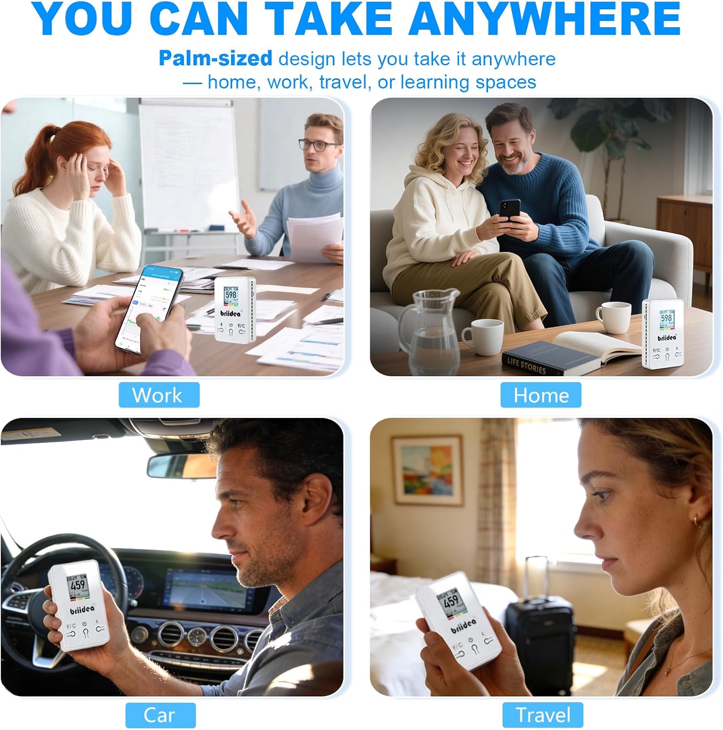 Bluetooth Portable CO2 Detector, Briidea Wireless Indoor Air Quality Monitor with NDIR Sensor for Home Office School, CO2 Temp Humidity Monitoring, App Data History, E-Ink Screen, 4-Year Battery Life