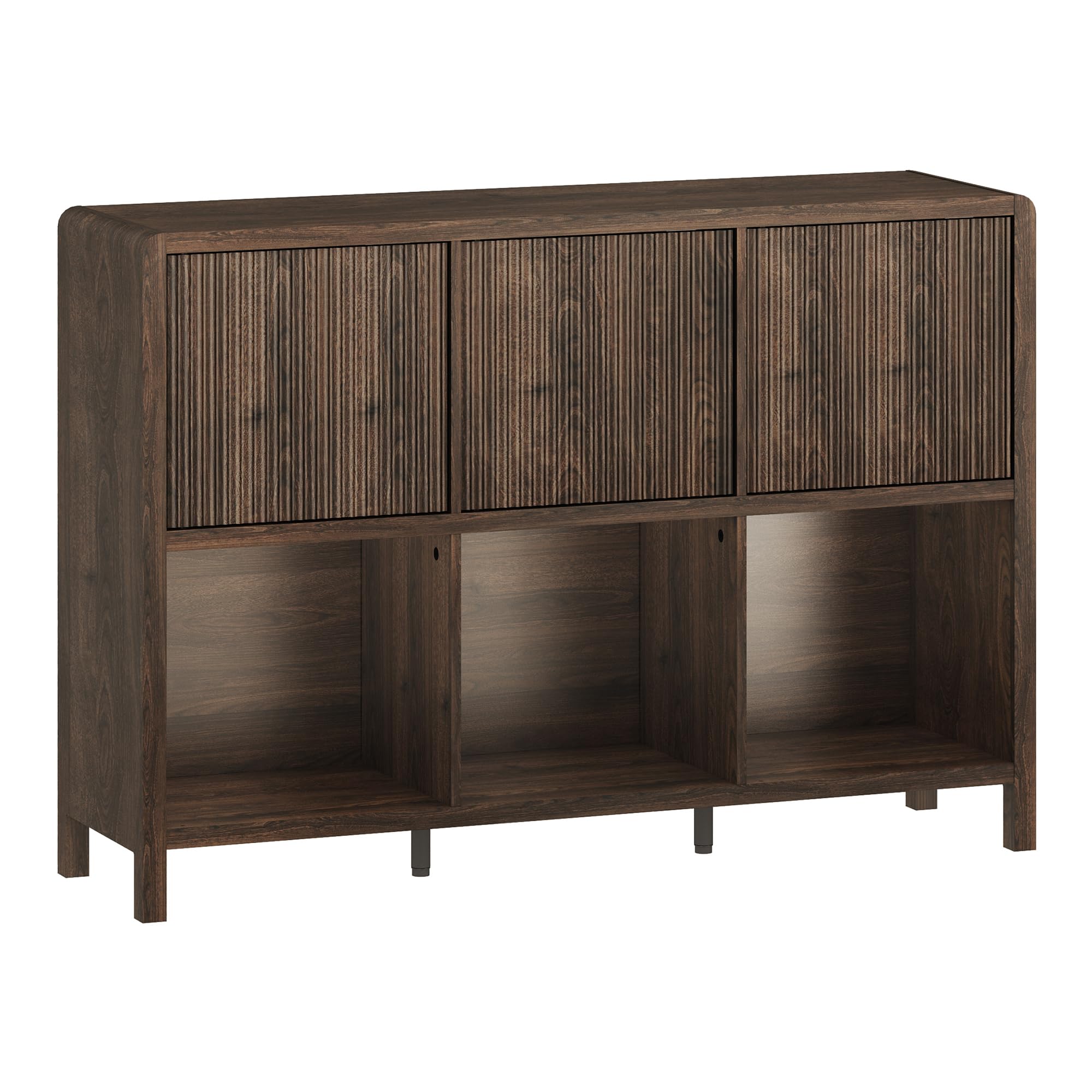 [en.casa] Credenza Bassa Mobile Contenitore con 3 Ante Decorative Push to Open e Scomparti Aperti Sideboard per Soggiorno Corridoio Studio 77x110x30 cm Effetto Noce