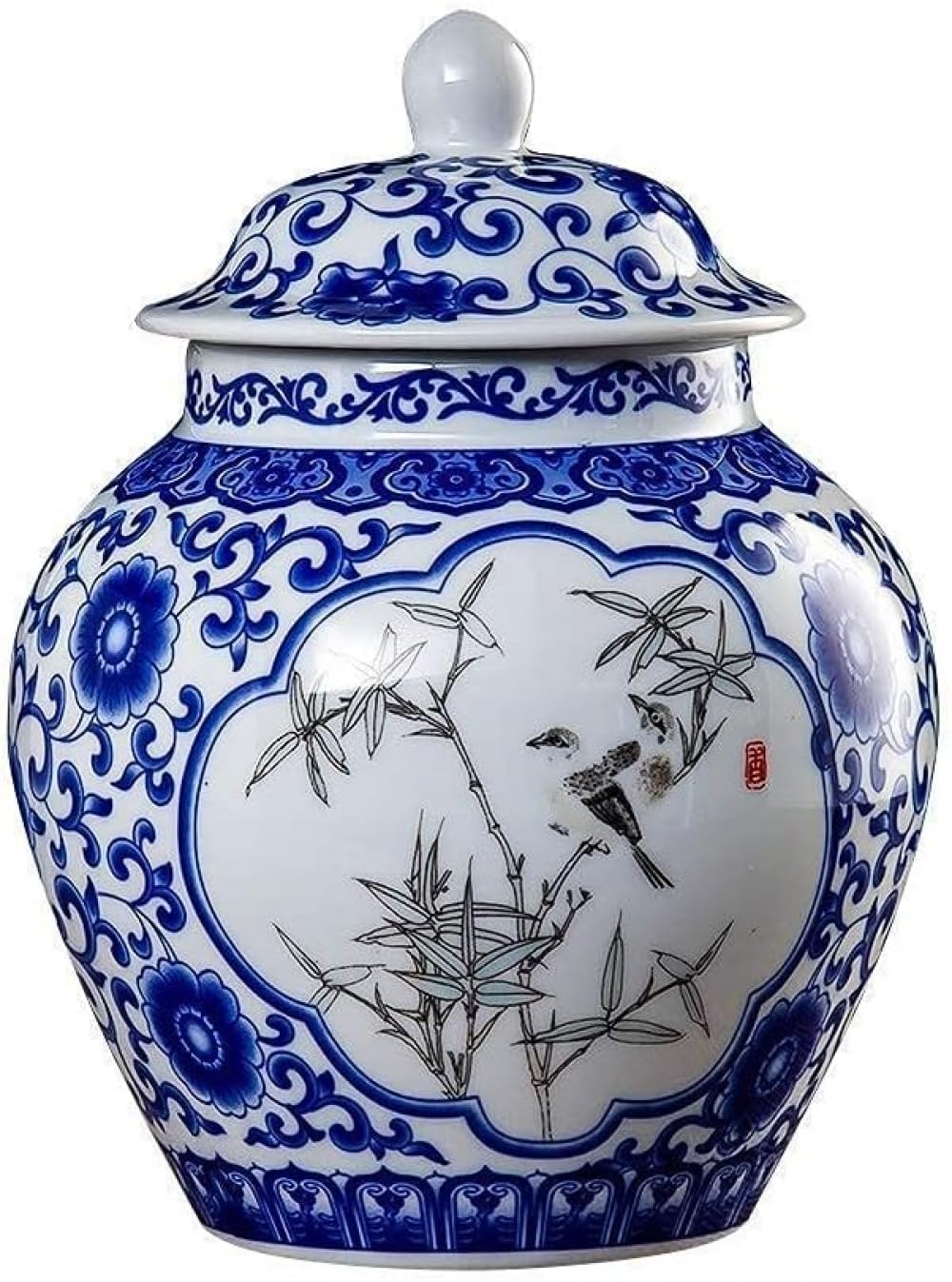 asdchZen Vase Blue And White Porcelain Vases Blue And White Porcelain Bamboo And Bird Ceramic Covered Jar Vase, China Ming Style Decorative Vase -B:High 23 Cm-B:High 23 Cm,One Color-B:High 23 cm