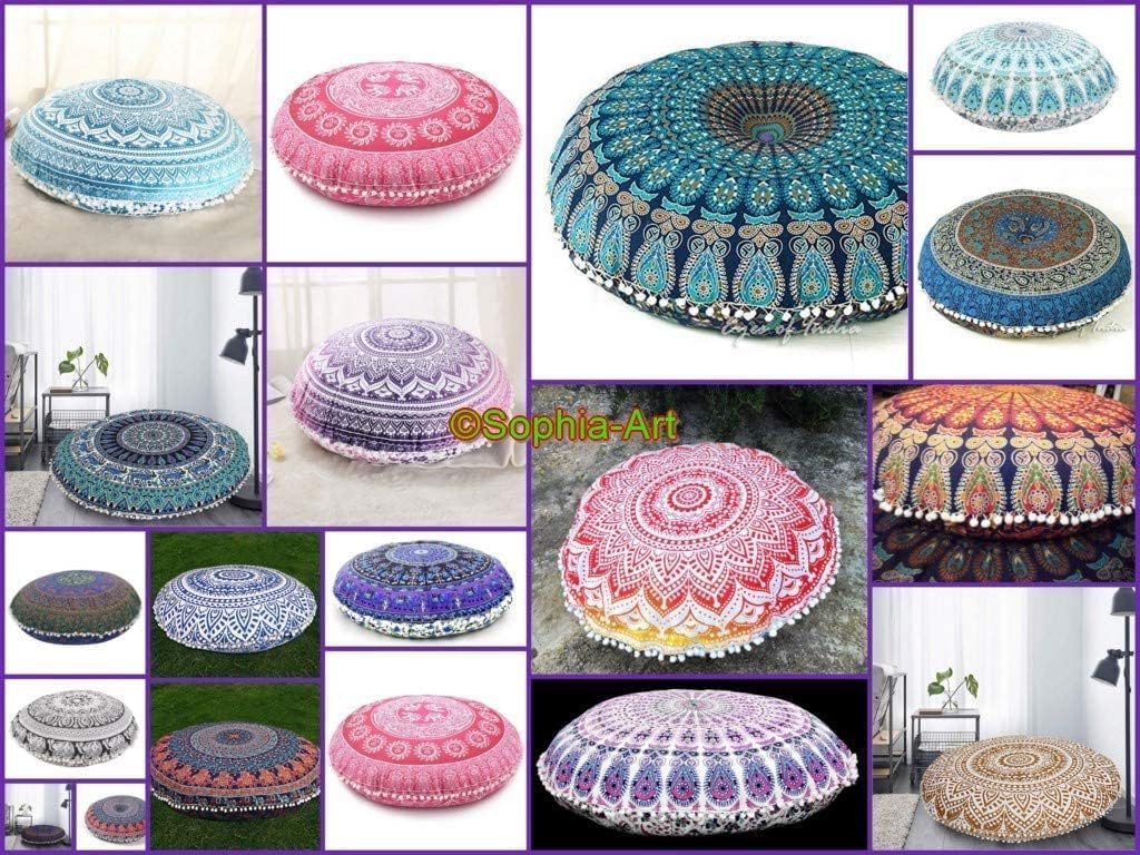 Sophia Art 5 pcs lot 32" Hippie Mandala Wholesale lot Floor Pillow Cushion Seating Throw Cover Pouf Cover Round Bohemian Yoga Decor Floor Cushion Case- 32" Multi Color