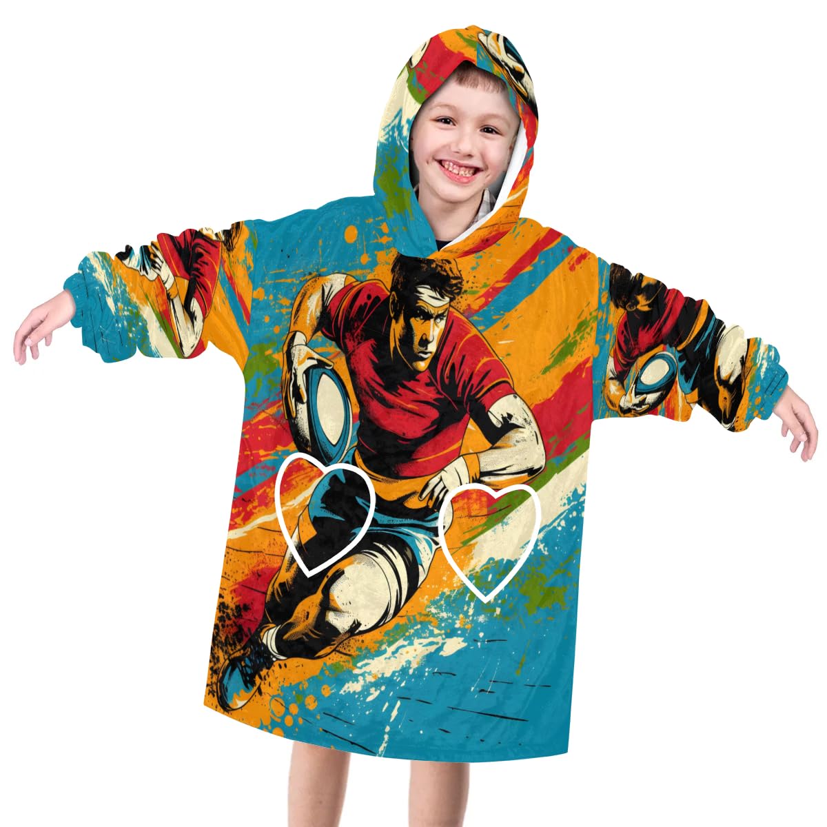 Wearable Blanket Hoodie for Kids, Sports Football Fleece Sweatshirt Blanket Retro Football Oversized Blanket Sweatshirt with Pocket Flannel Warm Hooded Blanket 6-10 Year Old Girl Boy Gift, One Size