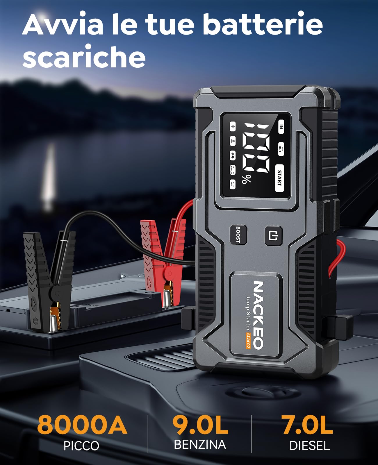 Avviatore Batteria Auto, 8000A Avviatore di Emergenza per Auto/Moto (9,0L Gas or 7,0L Diesel), Starter Batteria Portatile Jump Start con Cavi Integrati, Torcia LED, Lunga Autonomia, Ricarica Rapid