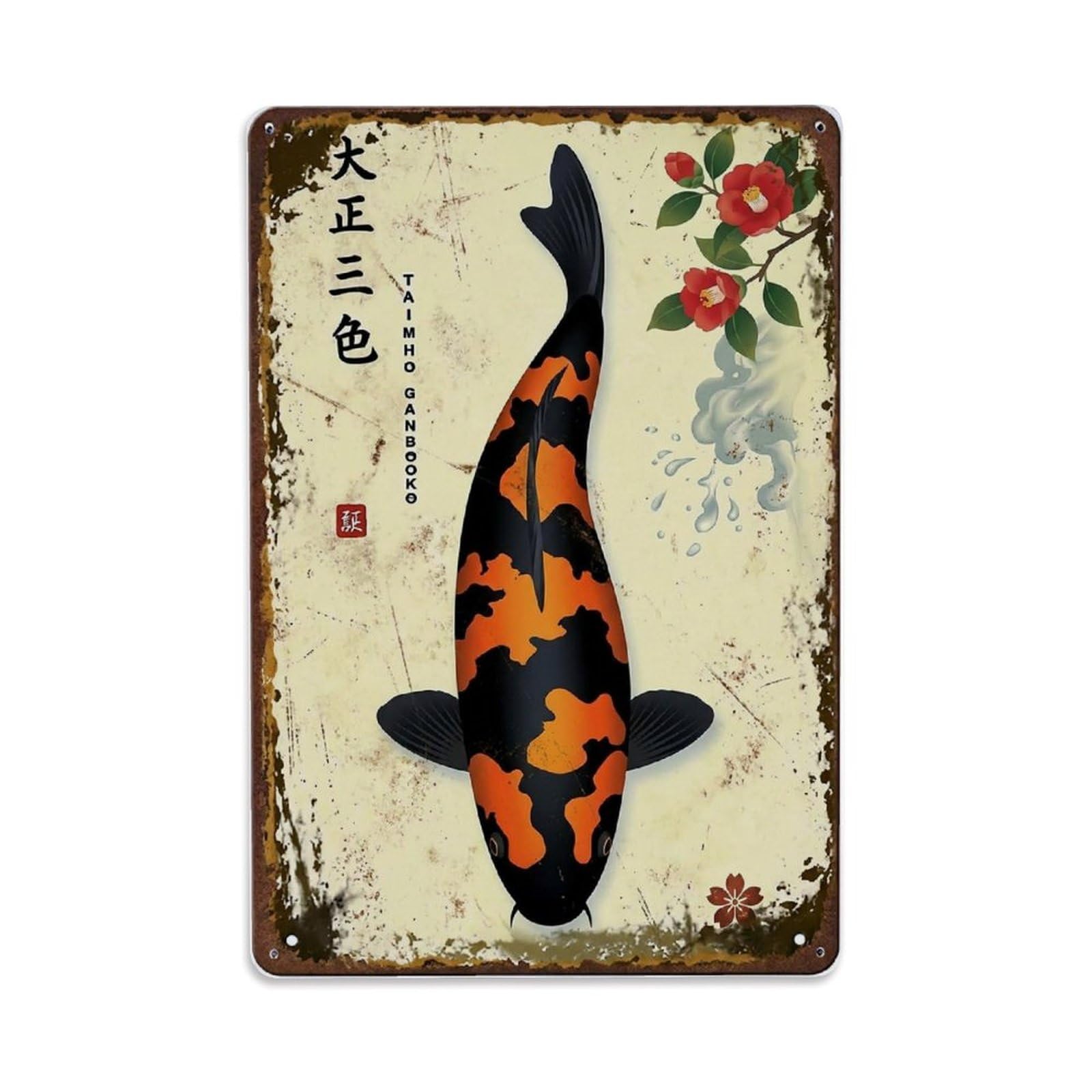 Blossom Pond Koi Metal Tin Sign Plaque Wall Decor for Cafe, Club Bar, Office, Home Garden Metal Poster 8x12Inch