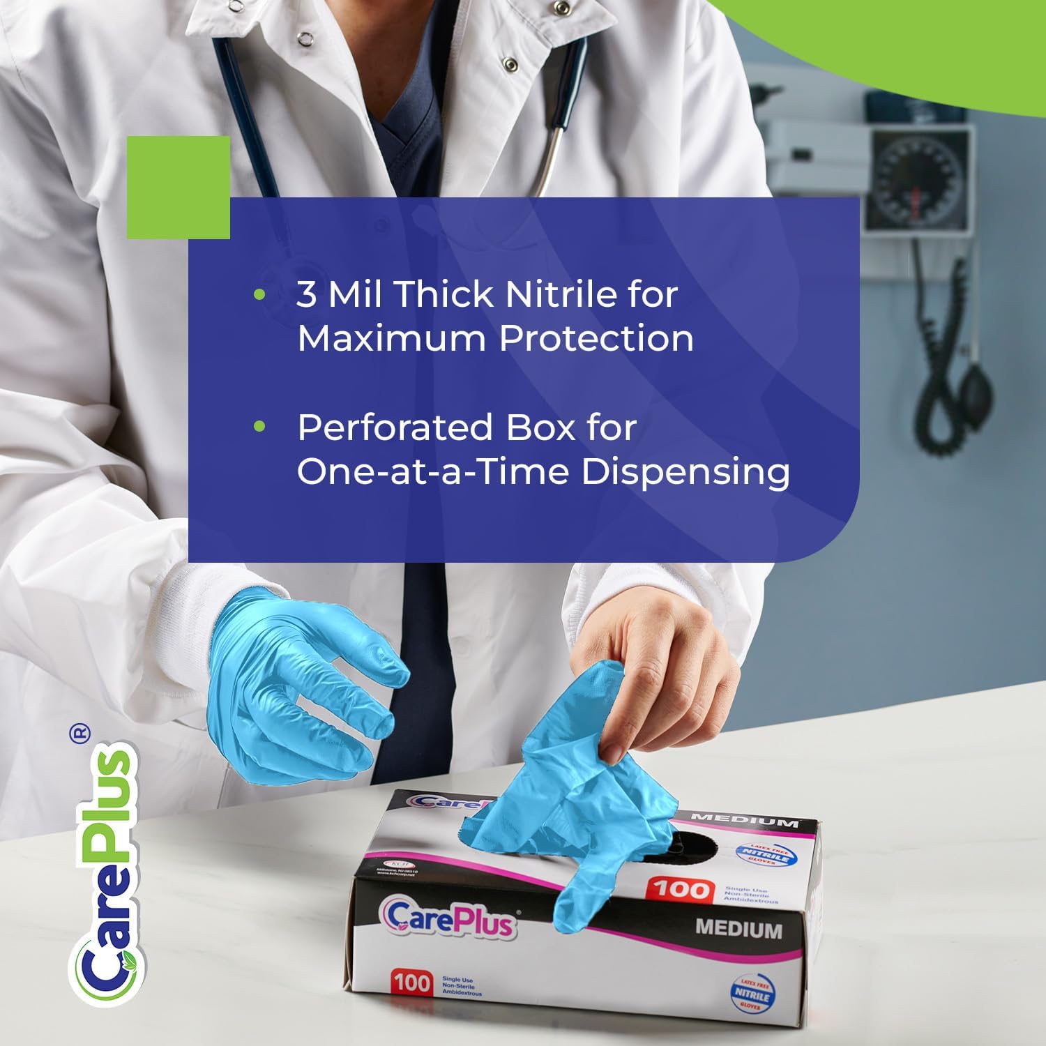 CARE PLUS Nitrile Gloves for Medical Use - Powder & Latex-Free - Black/Blue - S, M, L, XL - 100, 200, 1000