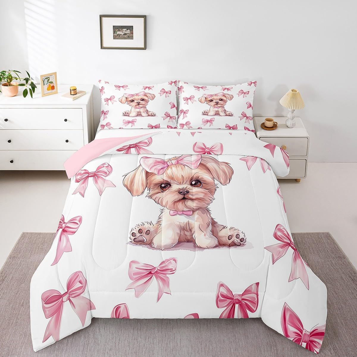 Erosebridal Cute Bow Rabbit Kids Comforter Set Dreamy Princess Bowknot Girls Toddler Bedding Set Pink Kawaii Bow Bedding Comforter Sets Cartoon Animal Quilt Duvet