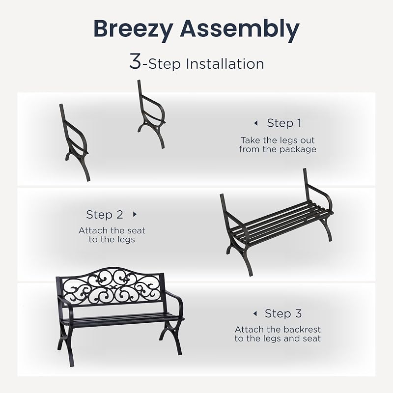 PHI VILLA 50 Inches Cast Iron Steel Frame Outdoor Garden Bench, Black image 6