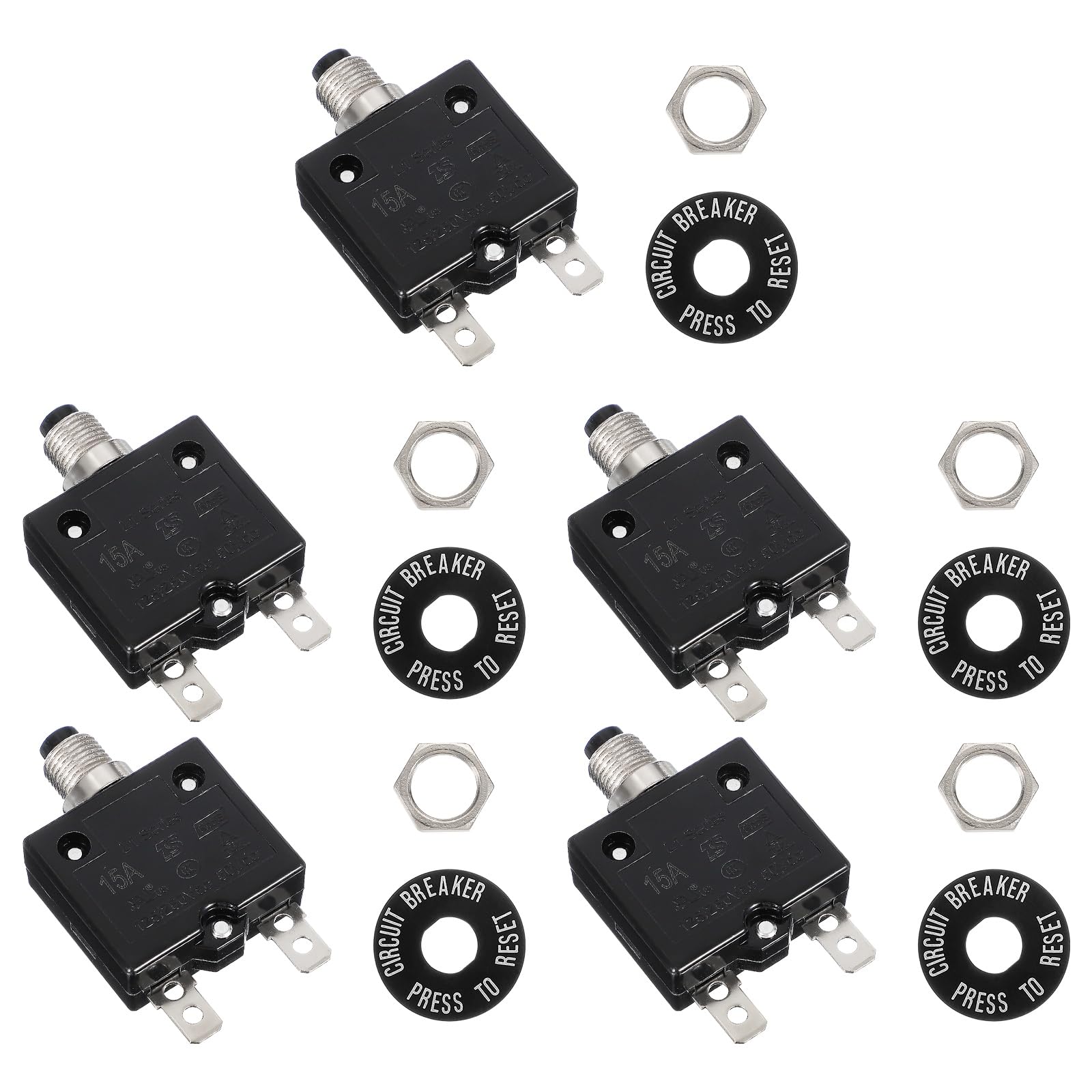 sourcing map 5 Pcs 15Amp Push Button Circuit Breaker,125/250V AC 50V DC Manual Reset Thermal Overload Protector Thermal Circuit Breaker for Industrial Auto Cars