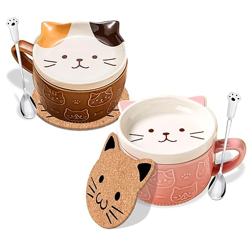2PCS Cute Mug Kawaii Cat Tea Cup Ceramic Coffee Mug with Lid,Tea Cups and Saucers for Dessert tea mug Cute Gifts Cat lover Gift for women Anime Gift for Women Christmas Gifts 10oz (Pink+Brown) - Pink+BrownCat