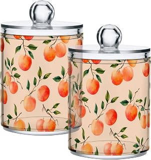 Bathroom Canister Set of 2 Watercolor Peach Qtip Holder Dispenser Clear Plastic Apothecary Jars with Lids Bathroom Organizer Storage Containers for Cotton Swab, Ball, Pads, Floss