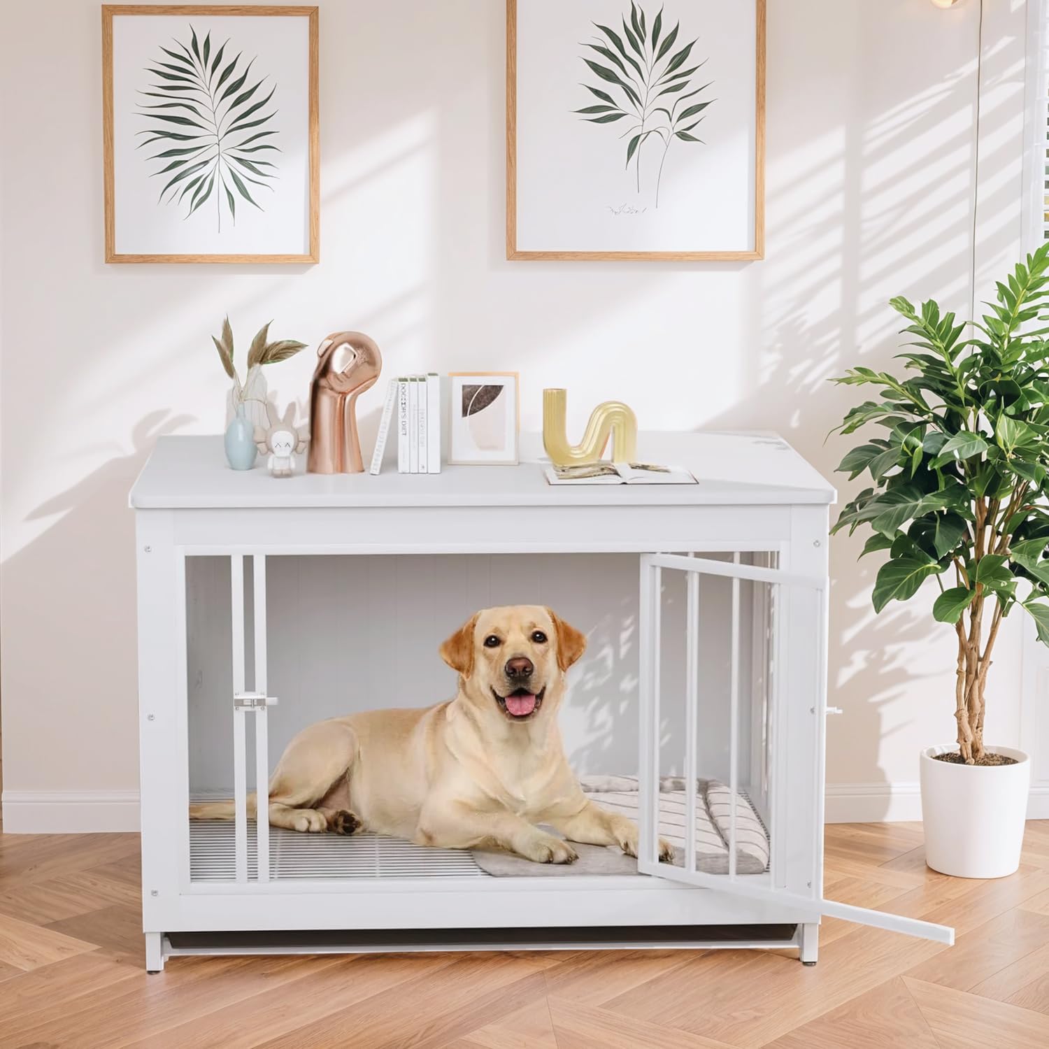 MAMIZO Gabbia per Cani Interno 93x64x58 CM, Tavolino, Armadietto, Casetta per Cani con 2 Ciotole e Porte, Kennel Cane con Vassoio Estraibile, gabbia cane Medio Piccolo, Bianco