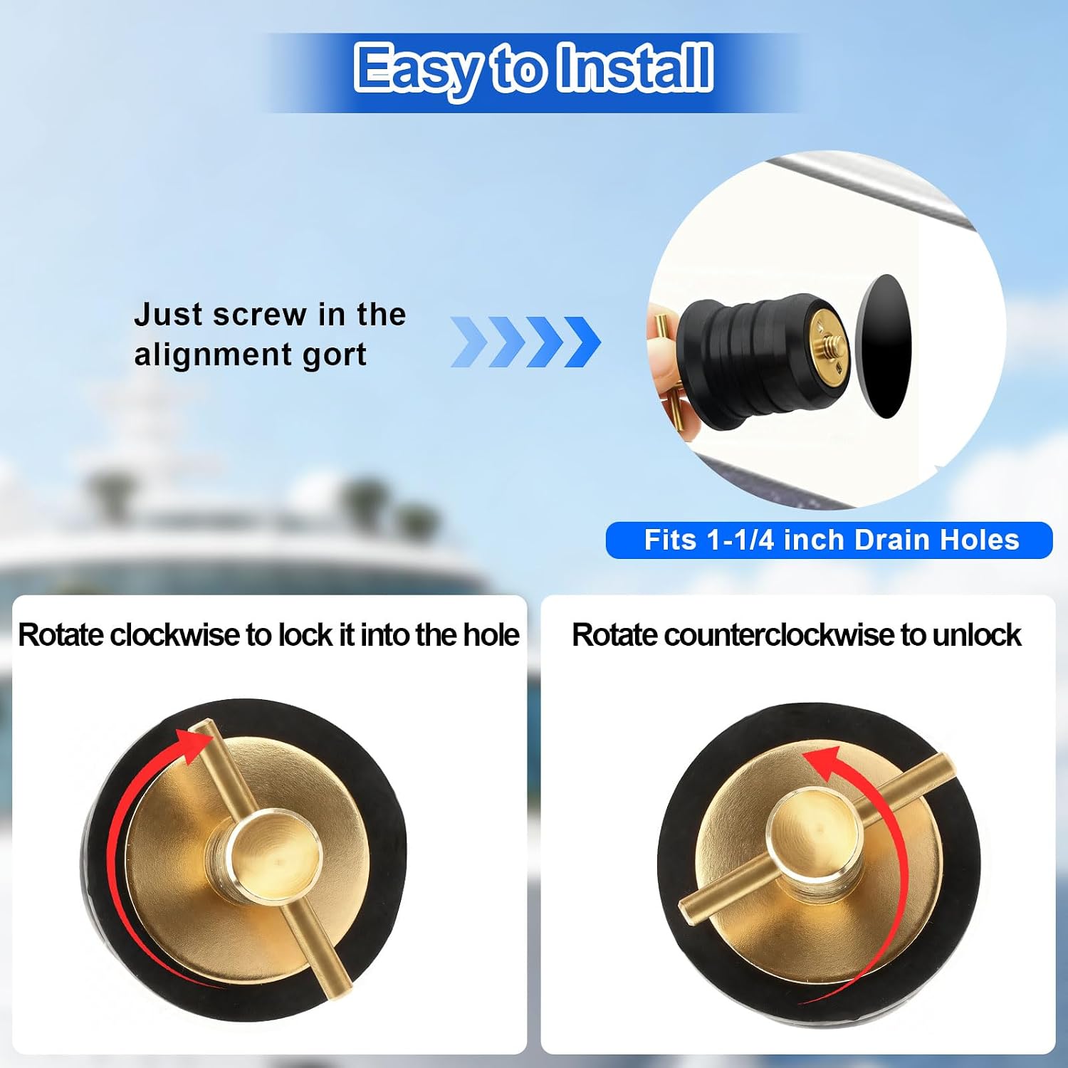 Linkstyle 4PCS Boat Drain Plugs for 1-1/4 Inch Drain Holes, Brass T-Handle Drain Plug, Twist-Turn Leak-Proof Rubber Plug for Boats, Yachts, Kayaks