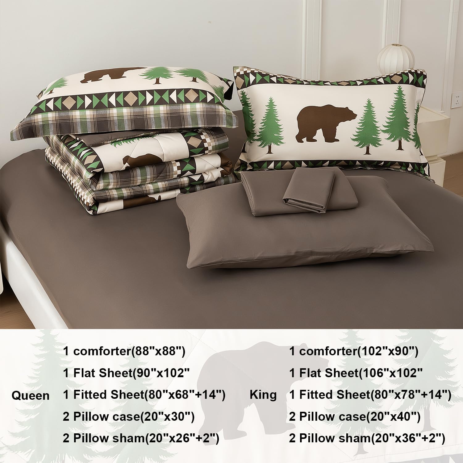 Smuge Lodge Moose Comforters King Size Set - 7 Pieces Bed in a Bag Bear Rustic Cabin Country Comforter Sets Queen Bed, Down Alternative Bedding Sets, Sheets, Pillowcases & Shams(Coffee Green)