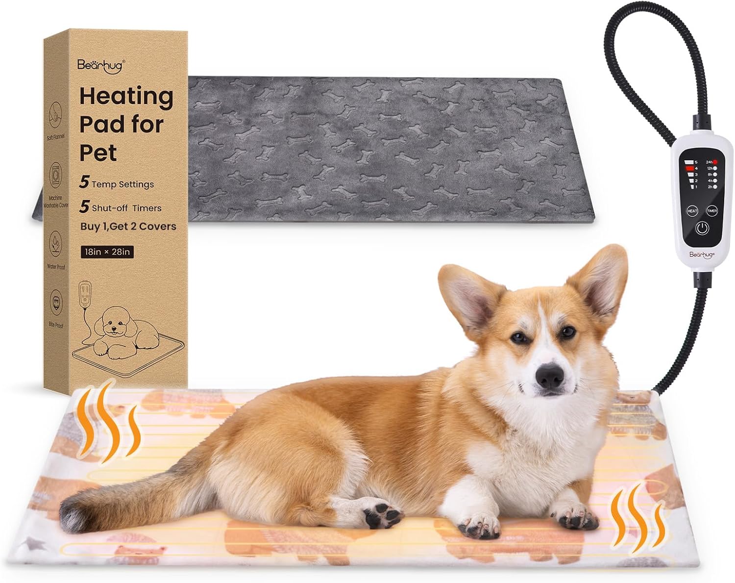 Bearhug Heated Cat Bed, Dog Heating Pad 28″×18″[Two Replaceable Cover] Adjustable Temperature Pet Heating Pad with Steel-Wrapped Cord, Waterproof and Chew-Resistant for Cats Puppies Medium Animals