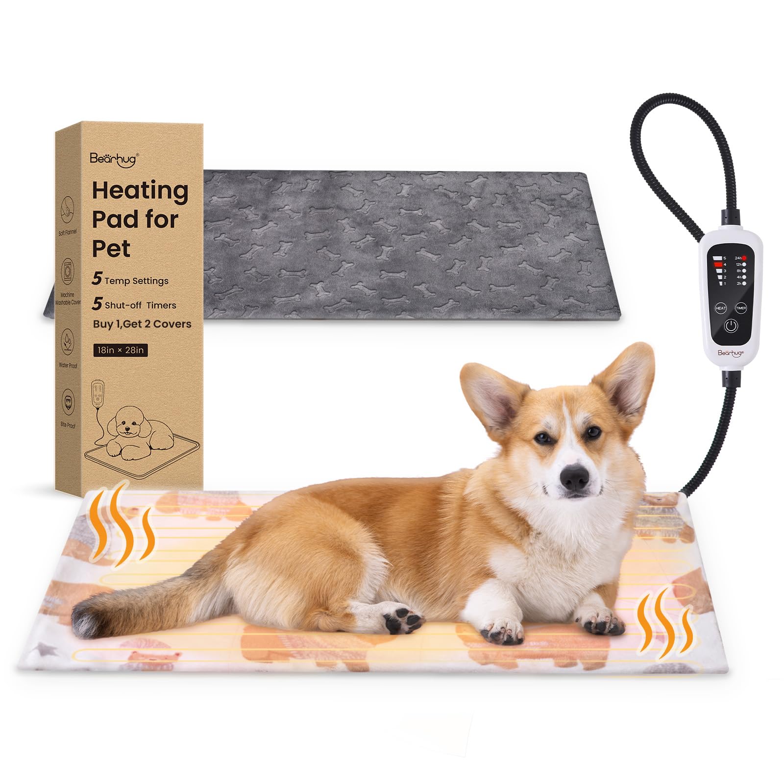 Bearhug Heated Cat Bed, Dog Heating Pad 28"×18"[Two Replaceable Cover] Adjustable Temperature Pet Heating Pad with Steel-Wrapped Cord, Waterproof and