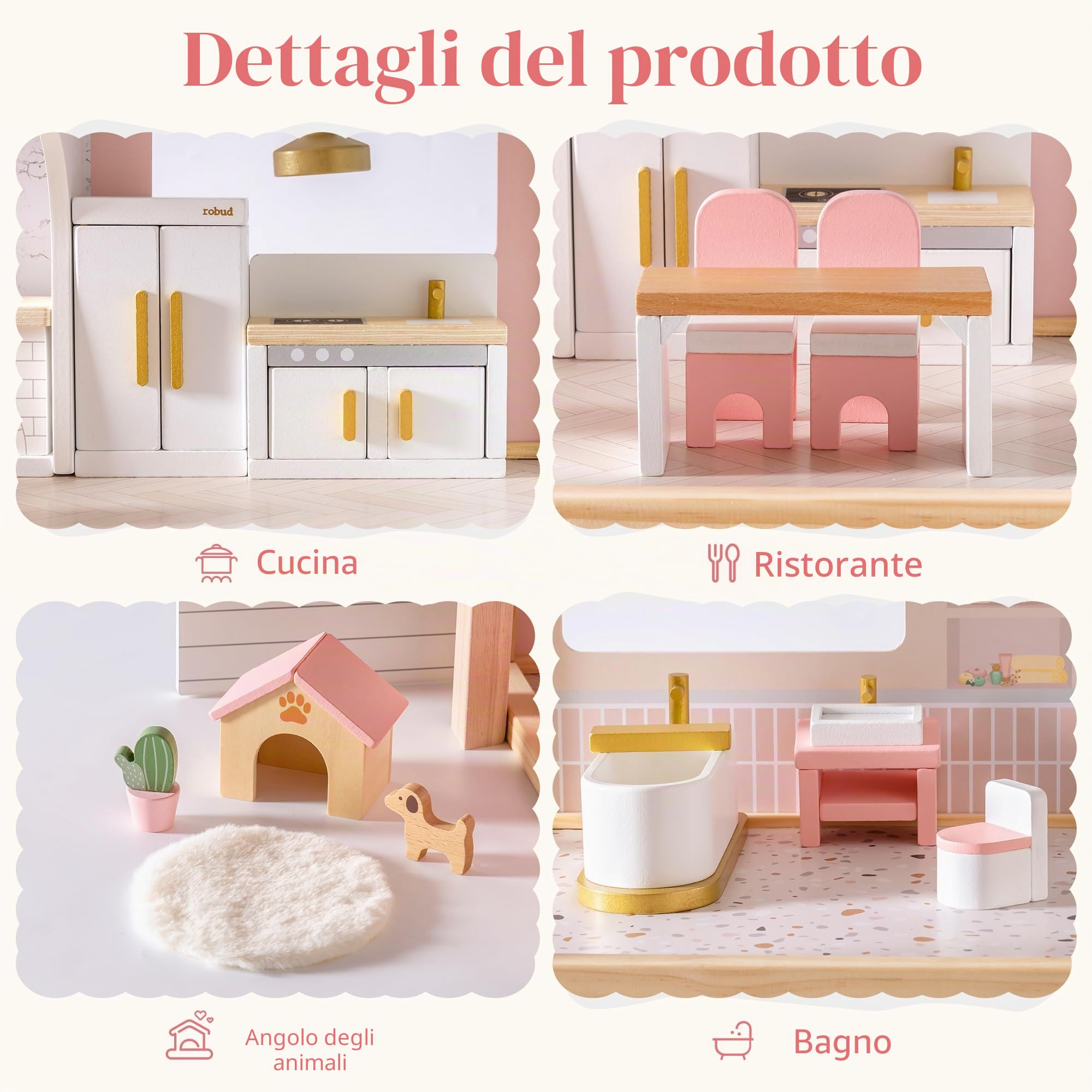 ROBUD Set di mobili per casa delle bambole in legno, 28 pezzi, accessori per mobili delle bambole, camera da letto, cucina, soggiorno, bagno, sala da pranzo, regalo rosa per bambini