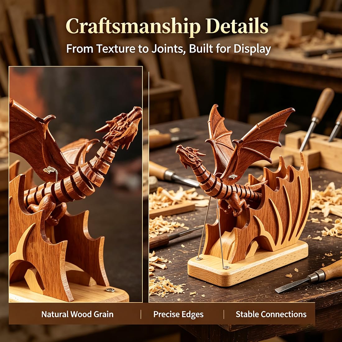 Scultura a forma di drago in legno, creature gotiche mobili come modello da
