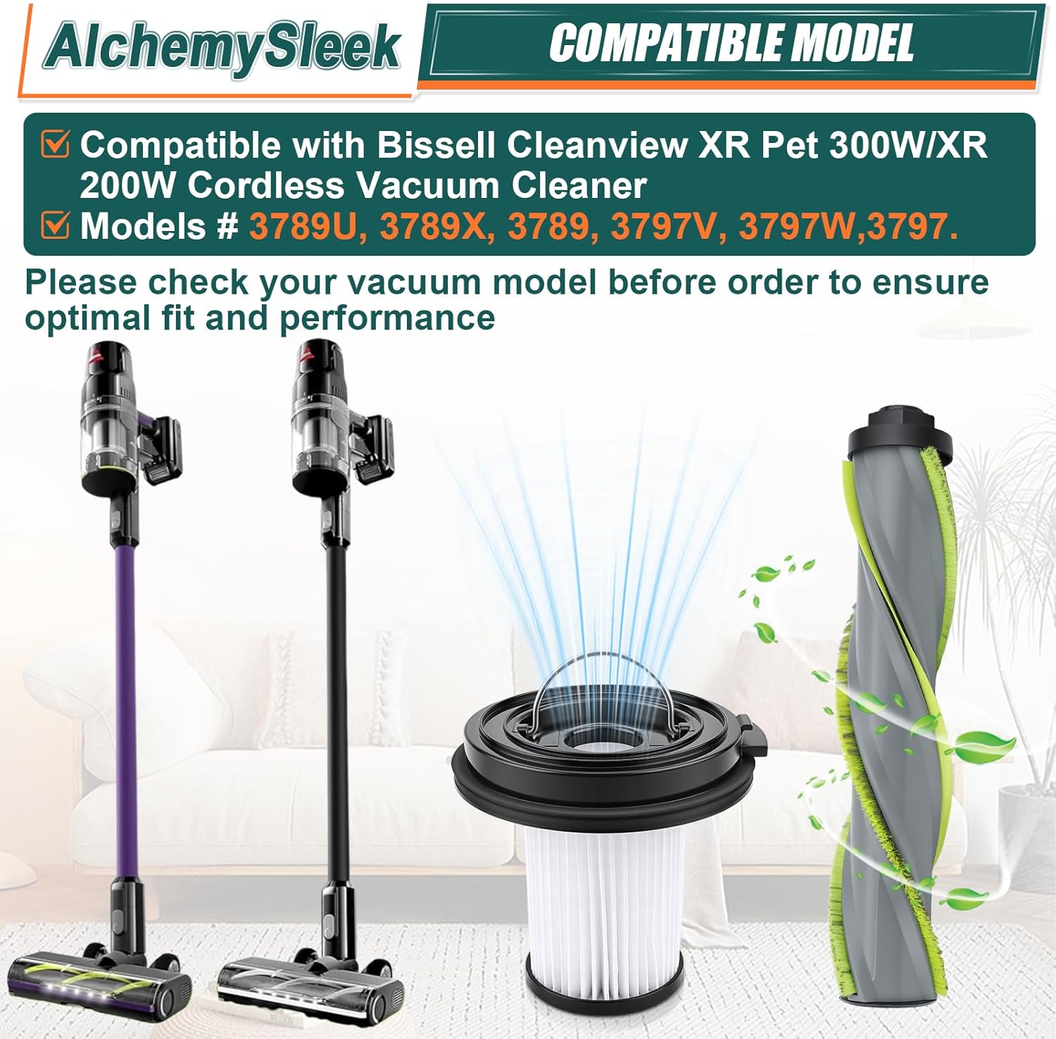 3797V Replacement Roll Brush for Bissell Cleanview XR Pet 300W / CleanView XR 200W / Powerlifter Turbo Cordless Stick Vacuum, Models 3789X, 3789U, 3789, 3797V, 3797, 3797W, 1 Green Roll and 2 Filters