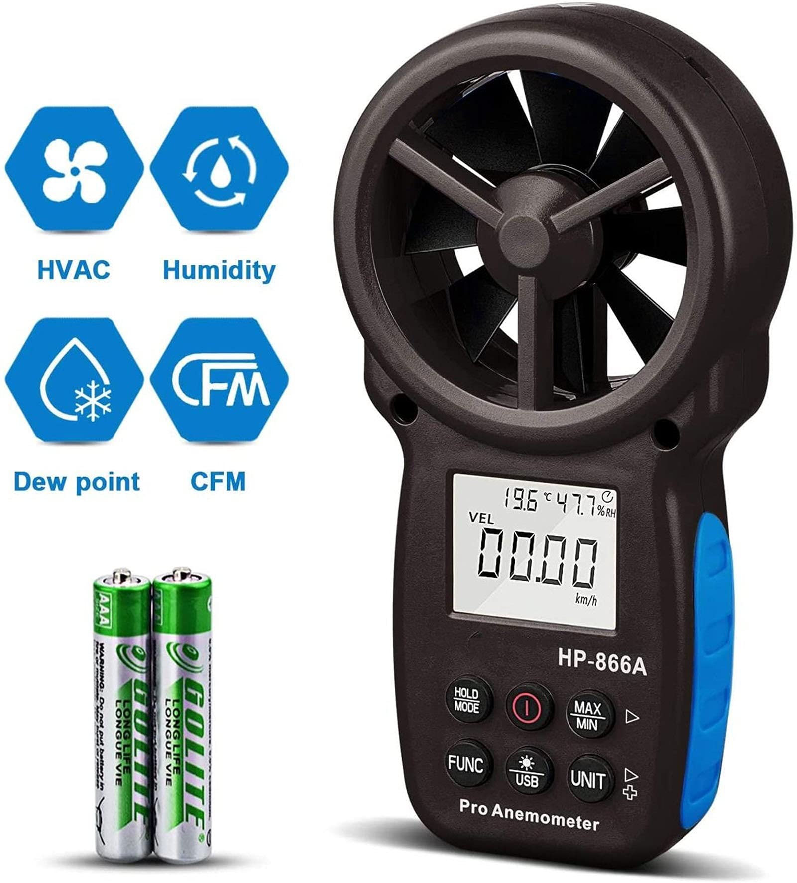Medidor de velocidad del viento for medir la velocidad del viento, la temperatura, la configuración del área de flujo de aire con los datos retroiluminado y la humedad relativa