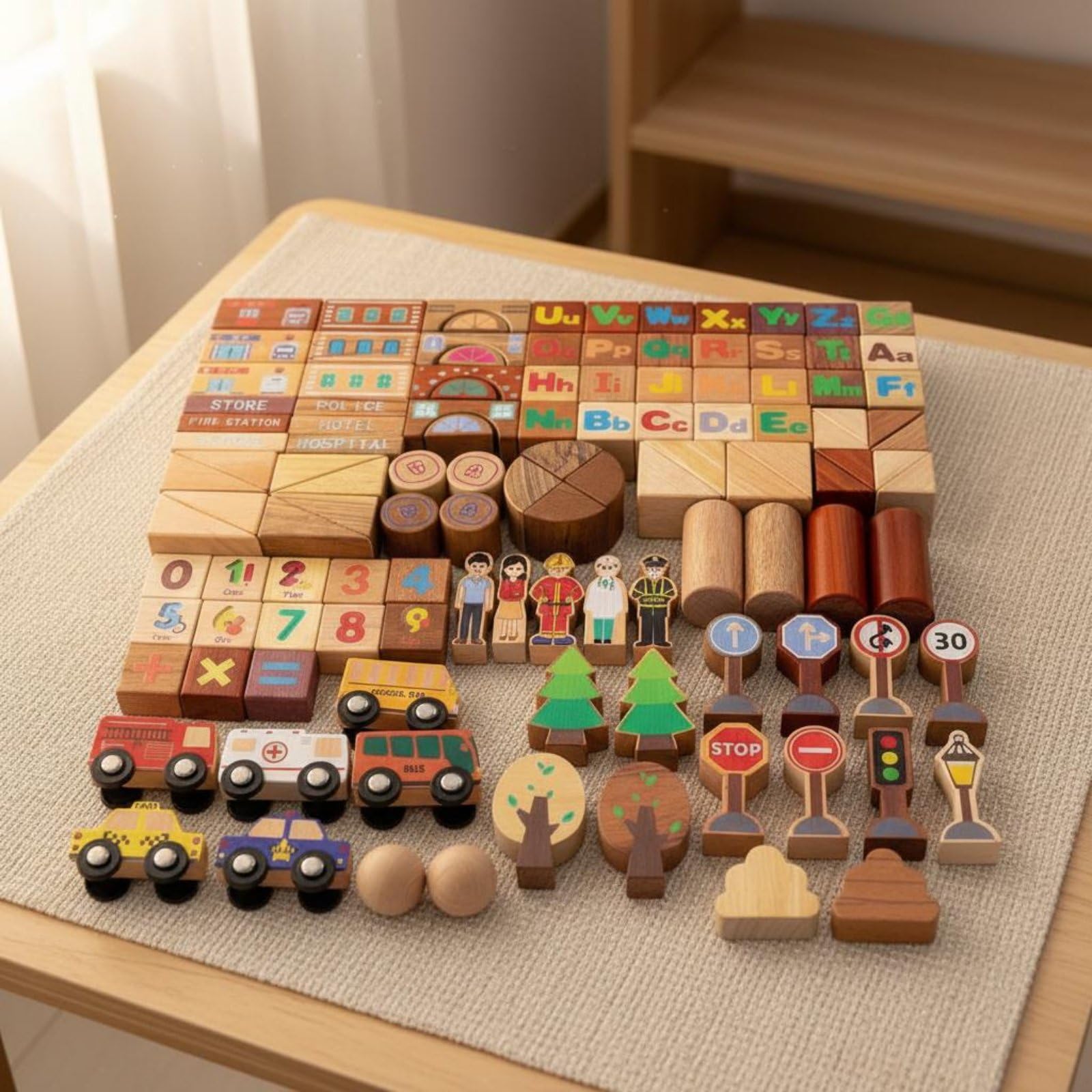 118 Pezzi Blocchi Costruzione Bambini Set Educativo Legno Scena Cittadina Segnali Auto Mattoncini Tattili in Faggio per Fantasia E Problem Solving