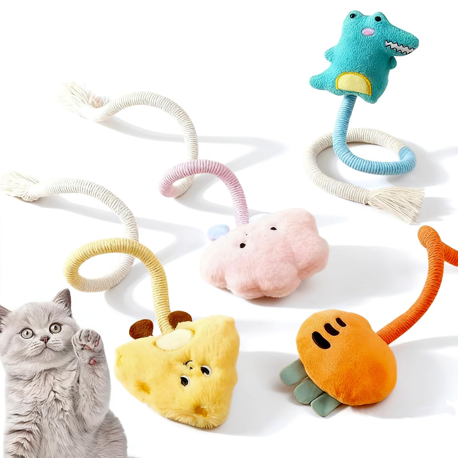 FOSDICK 4 Pieces Cat Toys for Indoor Cats Adult Kitten, Self Amusement Cat Toy, Kitten Teething Toys Chew Rope, Teeth Cleaning Stress Release Cotton Rope for Indoor Cats Kittens to Bite, Chew, Kick