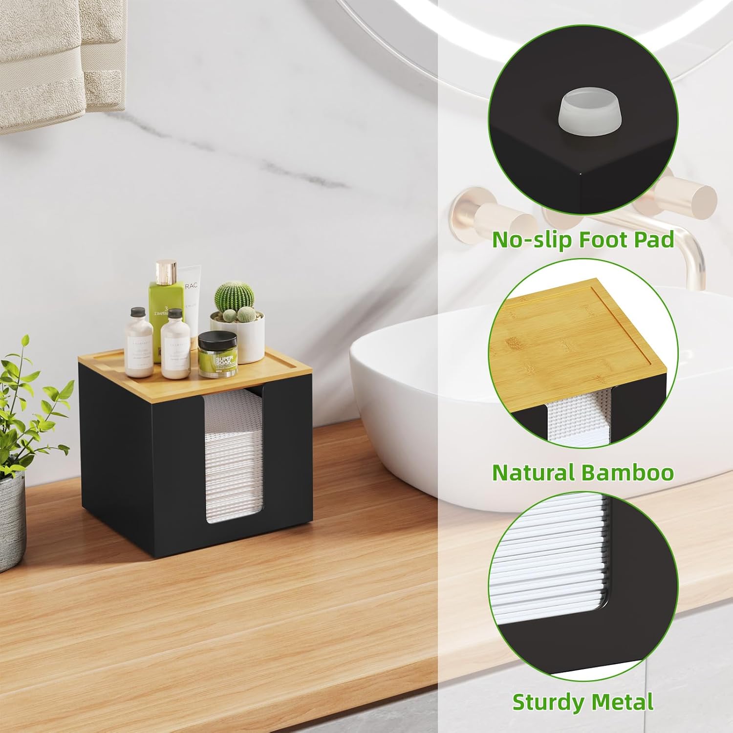VITVITI Disposable Face Towel Holder Containers, Metal Iron Facial Clean Towels Box for XL Clean Skin Club, Large Capacity With Bamboo Lid for Bathroom, Black - Image 5