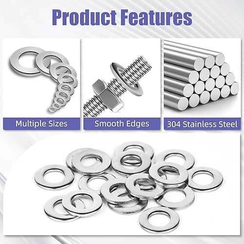 Miniatura 5 de Kit surtido de 1100 arandelas planas, juego de arandelas métricas de acero inoxidable 304 M2 a M12 (9 tamaños), arandelas de hardware duraderas para
