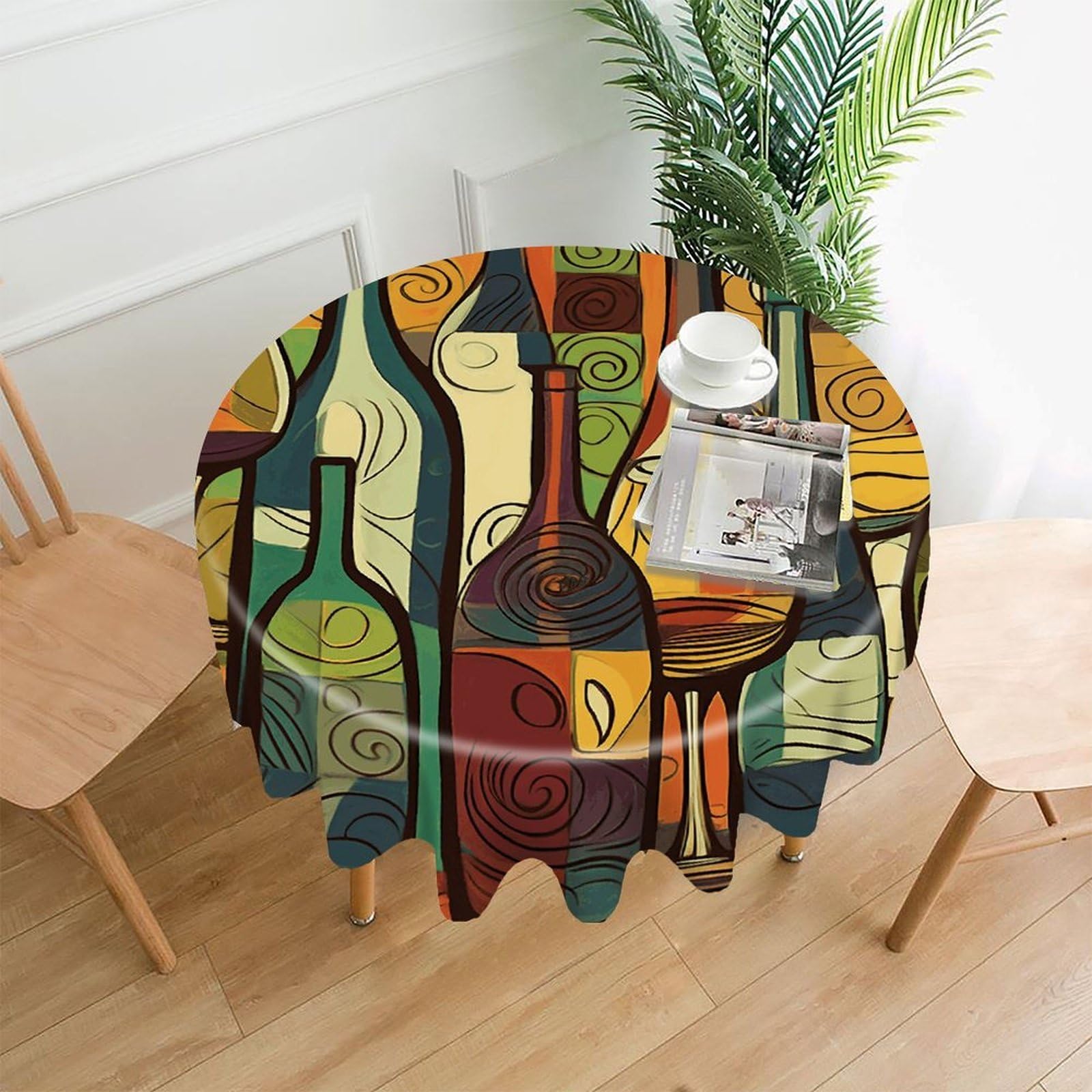 VstaDank Wine Bottle Art Tablecloth Easy to Clean Polyester Round Table Cover Washable Round Table Cloth Wrinkle-Free Circle Decoration Tablecloth for Kitchen Dining Room 60"