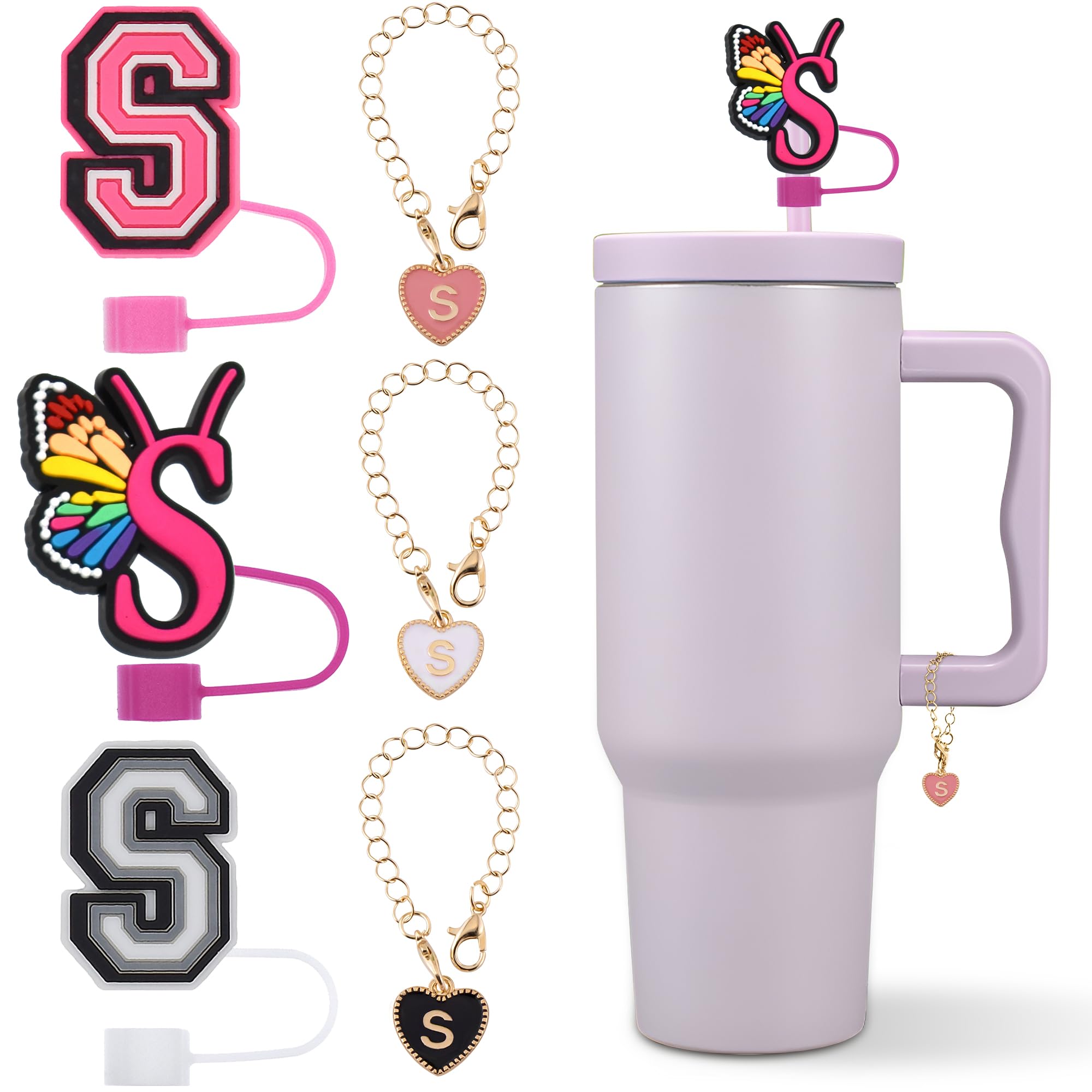 Stanley Cup Zubehör – 3 Wolken-Strohhalmdeckel & 2 Buchstaben-M-Anhänger, Silikon & Metall