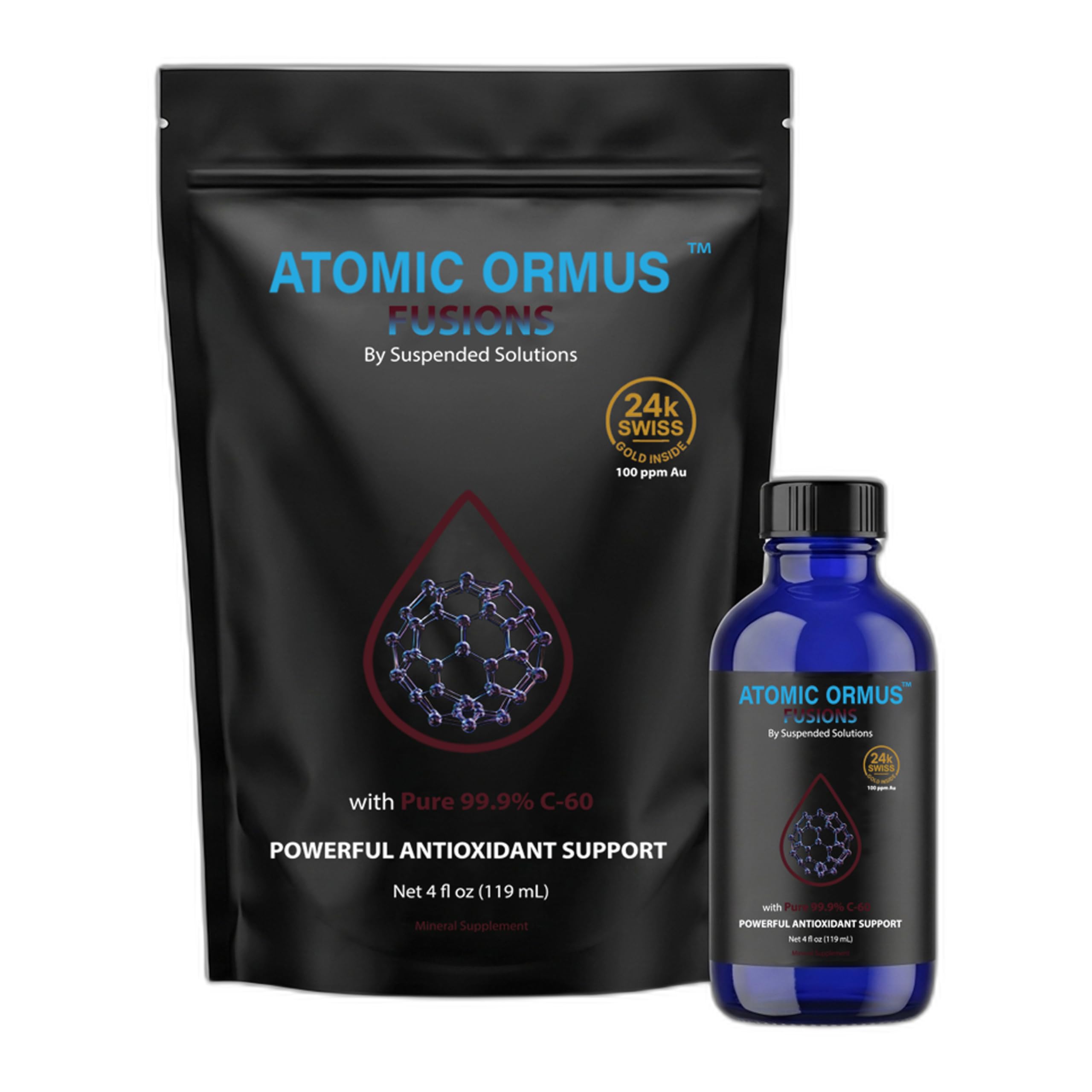 Atomic ORMUS Fusions C60 Monoatomic Gold – 4oz Liquid, 99.9% Pure C60 Carbon 60 + 24k Gold ORMUS, Solvent Free, Energy & Longevity Supplement