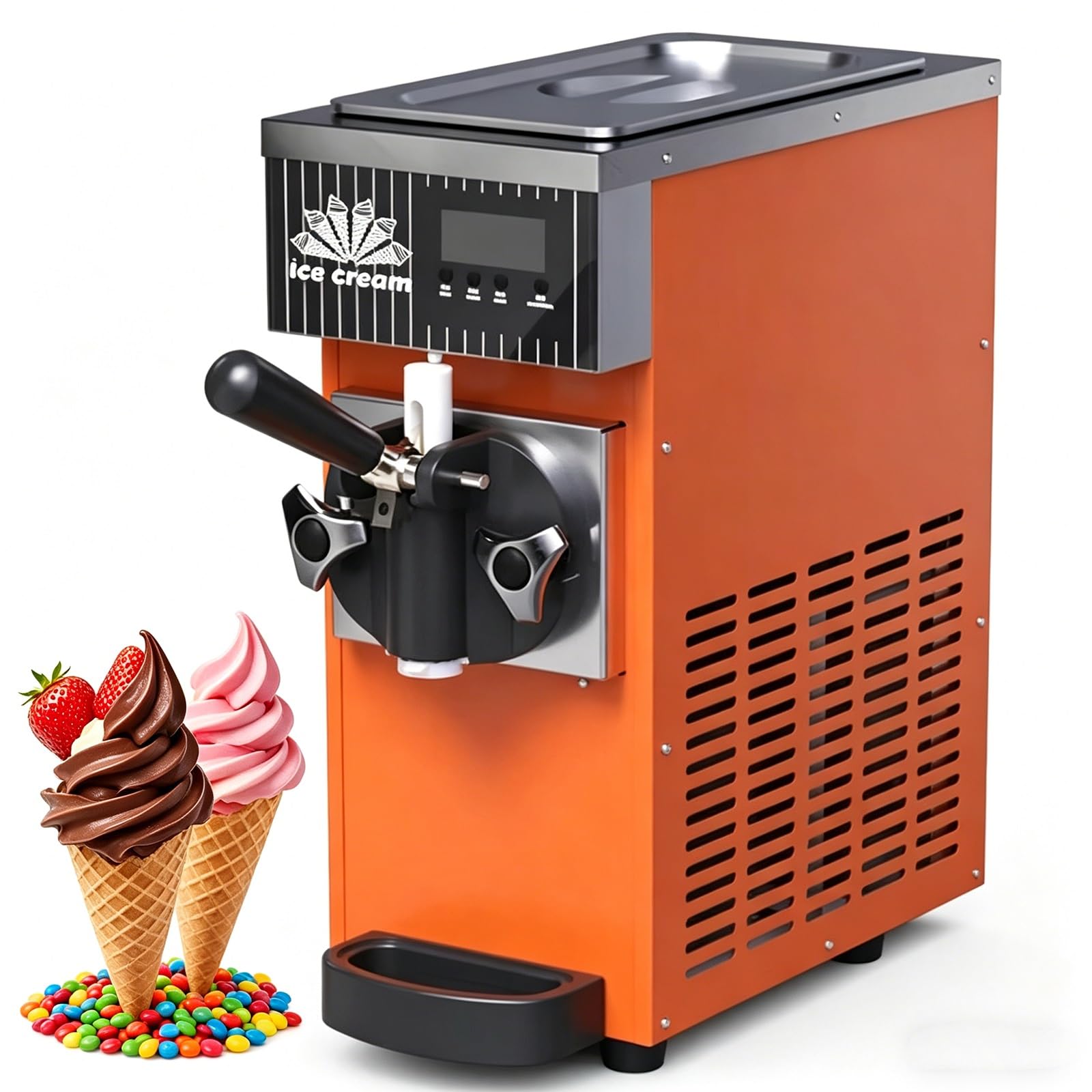 Máquina Helado Suave Sobremesa 450w, Heladera Solo Sabor Enfriamiento Rápido, Capacidad 2.5l Pantalla Lcd, Alto Rendimiento 80-100 Unidades Por Hora Ideal Restaurantes Tiendas Postres(Orange)