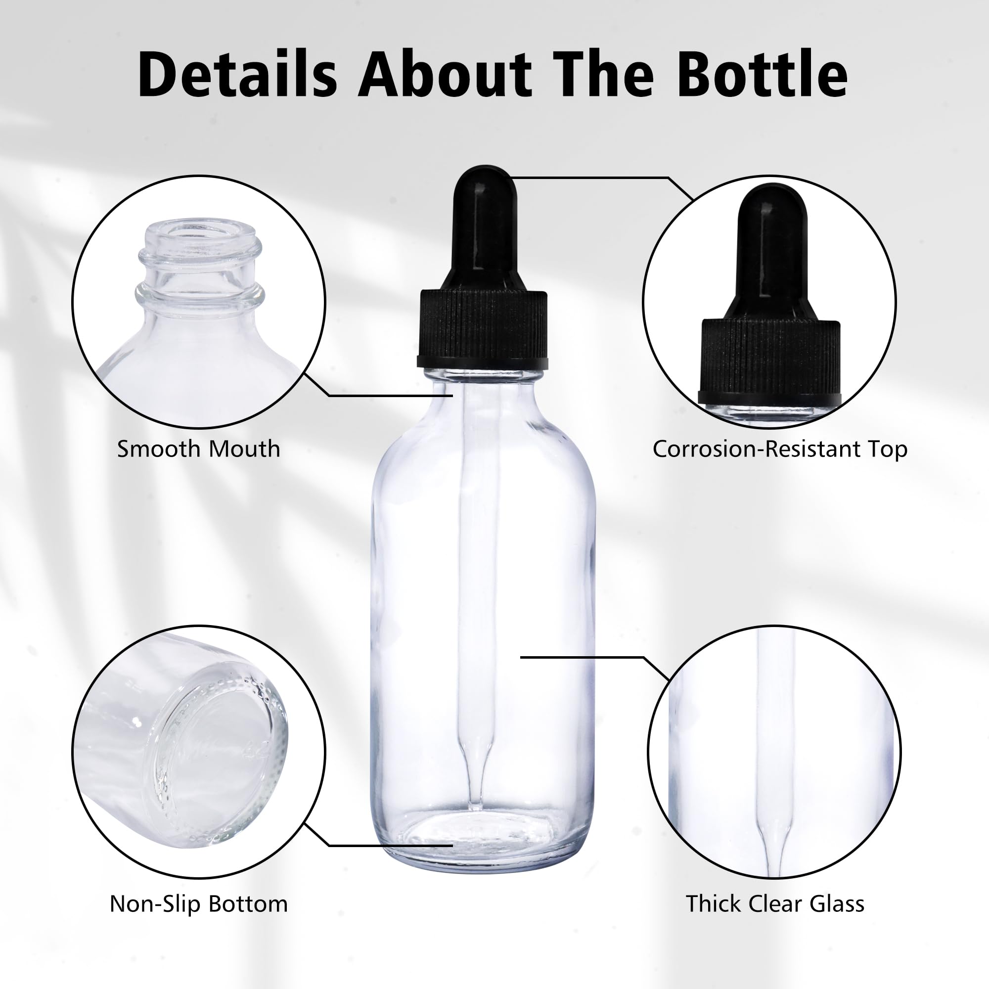 Transparente Glasflaschen mit Glasaugentropfen für ätherische Öle, Parfüms und Laborchemikalien (Bürste, Trichter, 2 zusätzliche Pipetten, 54 Etiketten und 30 ml Messbecher, 57 ml, 48 Stück