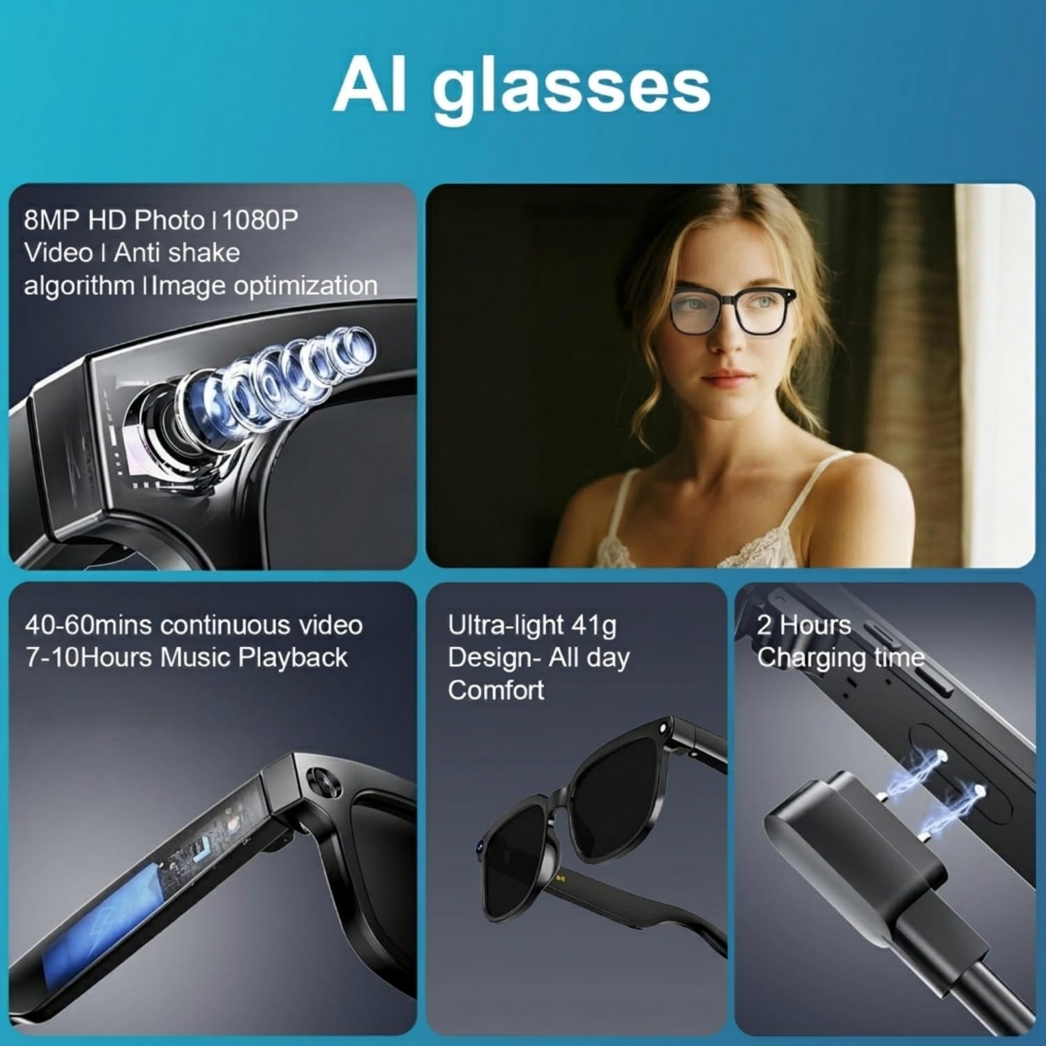 AI Smart Glasses with Camera, 8MP Camera, AI Translation & 4 Lenses image 3