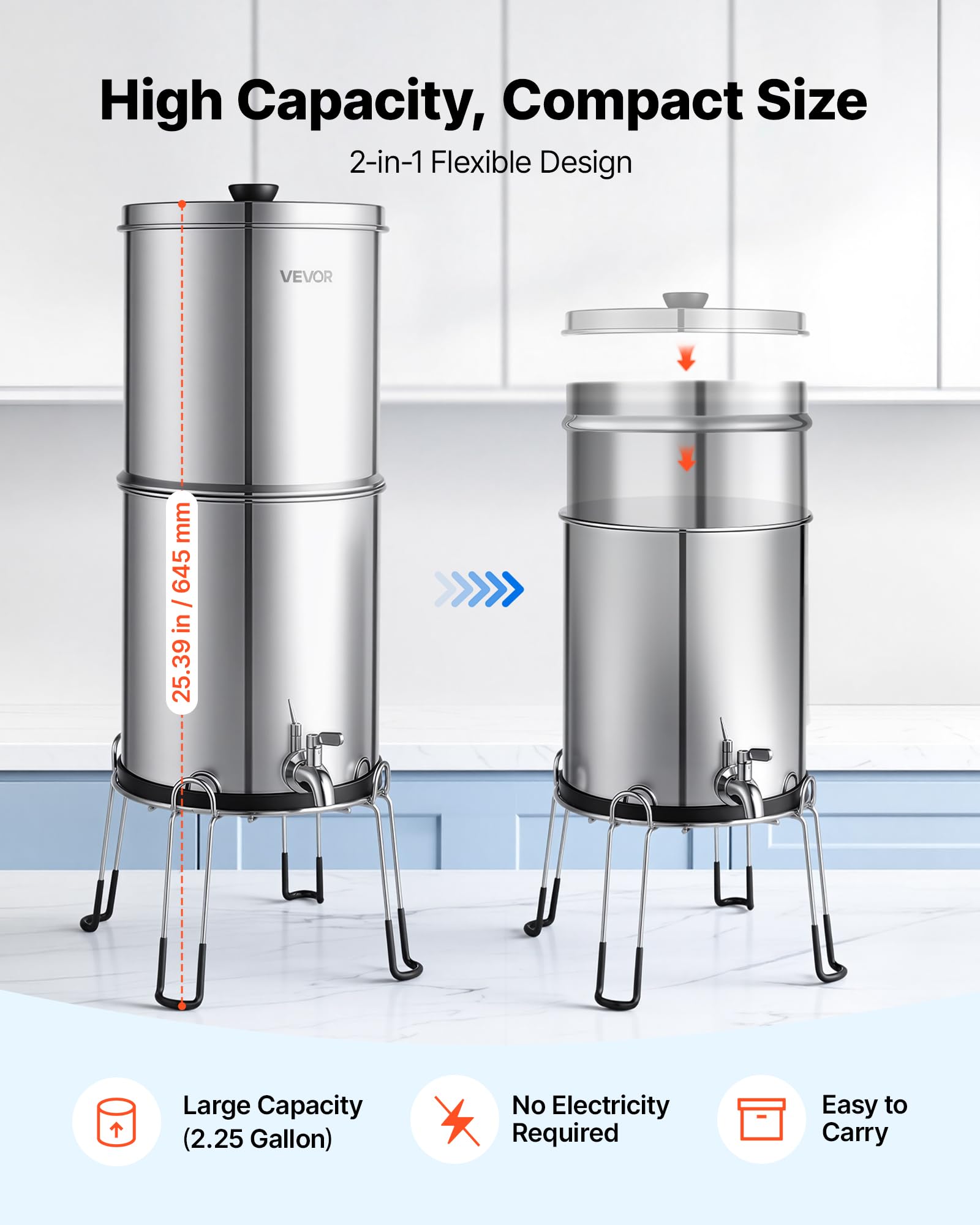 VEVOR Sistema de Filtración de Agua por Gravedad 8,52 L Acero Inoxidable, Reduce el Plomo y Hasta 99% del Cloro, Con 2 Filtros de Carbón y 2 Filtros Desfluorantes, Con Grifo y Soporte, Para Encimera