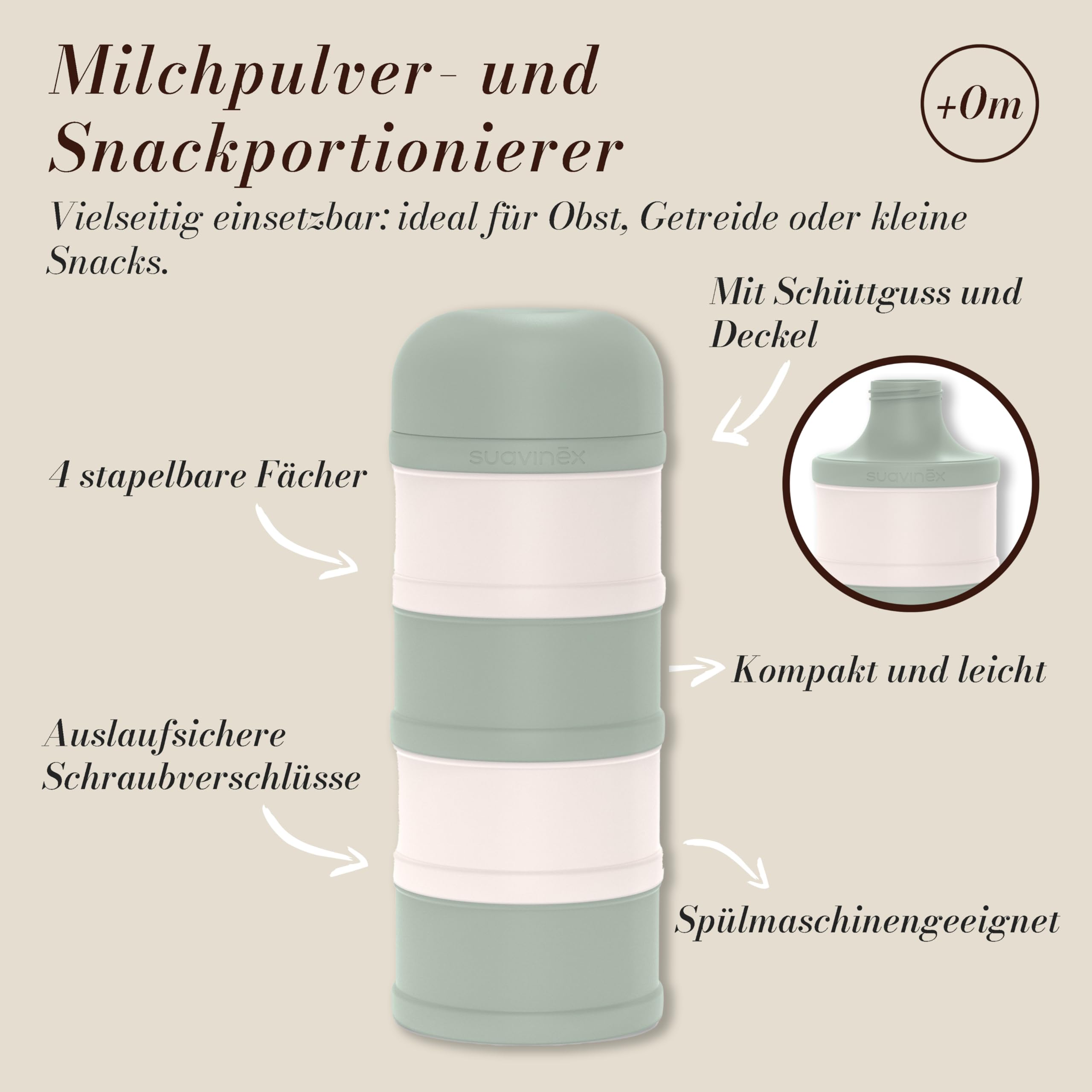 Suavinex, Milchpulver Portionierer & Snackbox: 4 Fächer stapelbar, Pulverdose mit Ausguss, Schraubverschluss, Luftdicht, Spülmaschinenfest, für Baby Babysnacks & Milchnahrung, 0+ Monate, Beige - 3