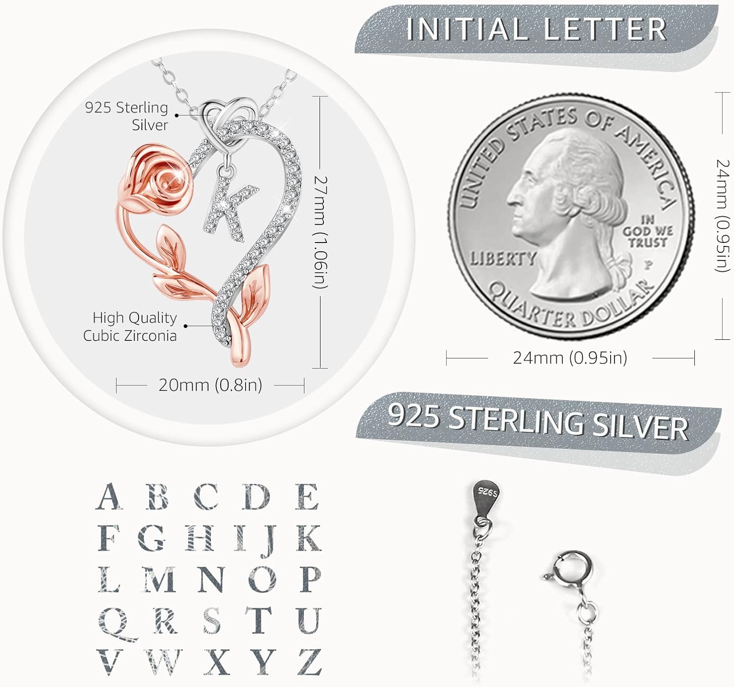 SNZM 925 Sterling Silver Rose Heart Initial Necklace - Dainty Jewelry with 5A Cubic Zirconia, Perfect for Valentine's Day, Mother's Day, and Birthday Gifts for Daughter, Wife, and Mom - Image 3