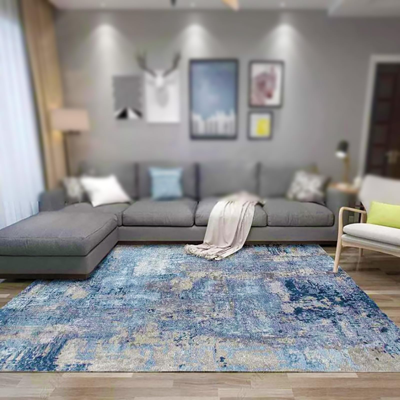 Tapis salon bleu 180x210 cm moderne abstrait résistant aux taches pour chambre