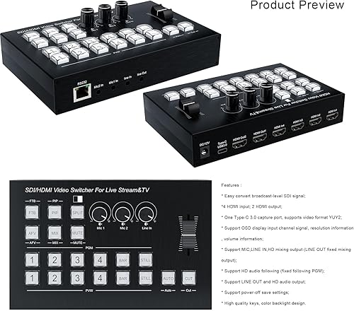Miniatura 6 de Mezclador de vídeo de transmisión en vivo, 1 SDI, 3 HDMI 4 canales de entrada de vídeo conmutador de 2 salidas HDMI, soporte 1080P60Hz, HDCP 1.4,