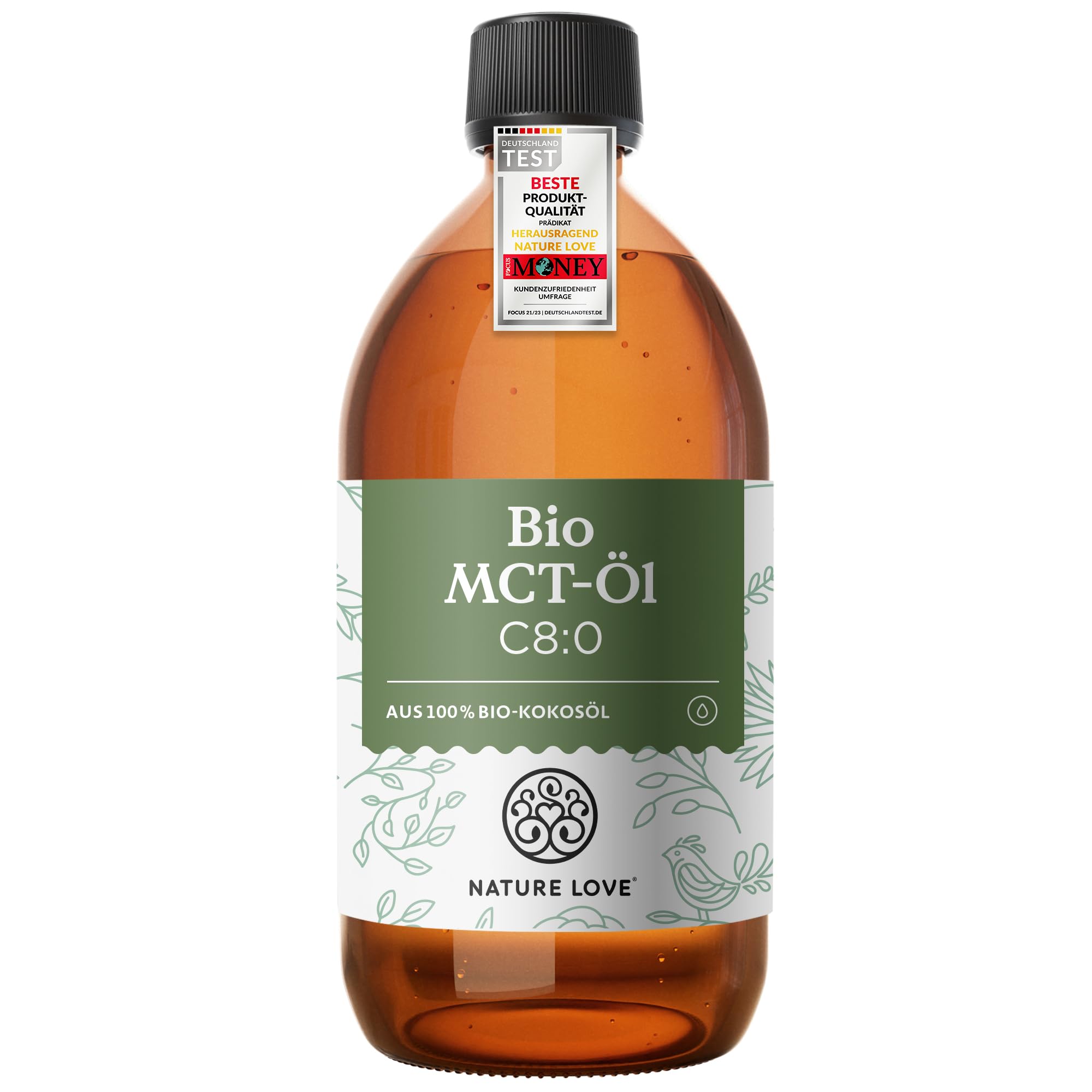 NATURE LOVE® Bio MCT-Öl C8 – 500ml für deine Keto Diät – aus 100% Bio-Kokosöl – für Ketogene Ernährung - geschmacks- und geruchsneutral – exogene Ketone – vegan - 1