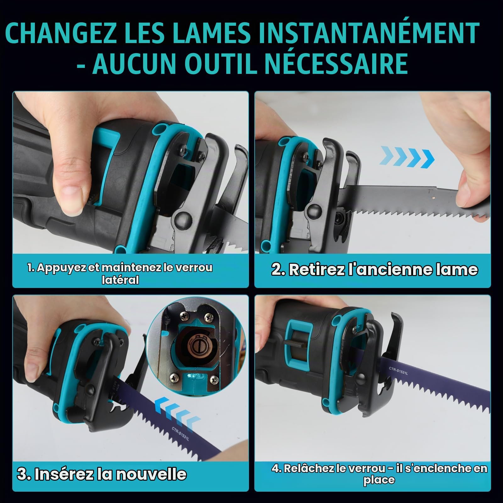 Scie sabre sans fil compatible avec batterie Makita 18 V, scie sabre sans balais avec 3500 tr/min et 4 lames de scie, régulateur de vitesse en continu, pour couper le métal, le bois, le plastique