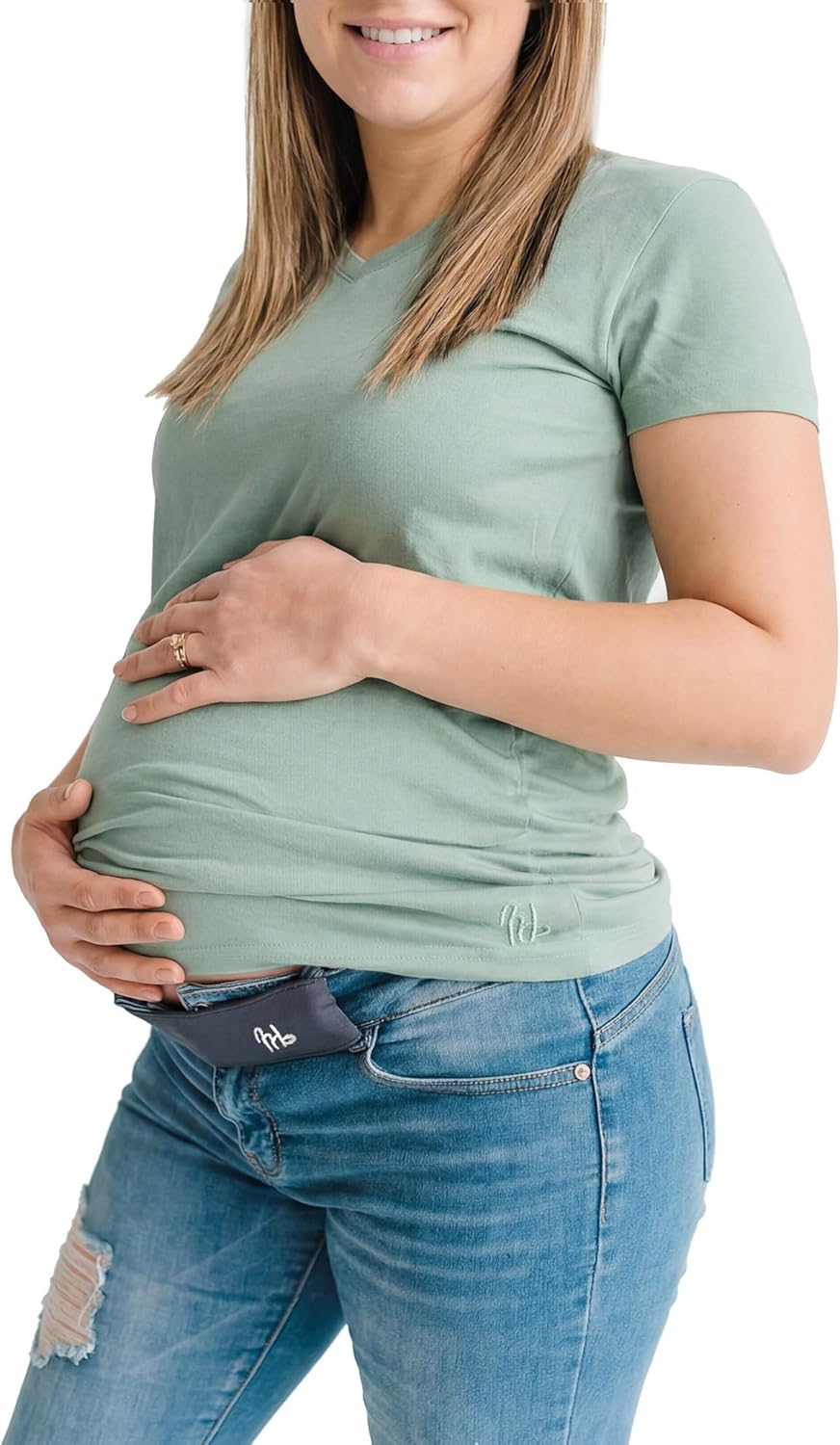 Maeband Maternity Belly Band (Size M) + Timeless Women’s V-Neck T-Shirt (Size L) Bundle | Pregnancy Pants Extender Waistband + Soft Stretch Everyday Tee