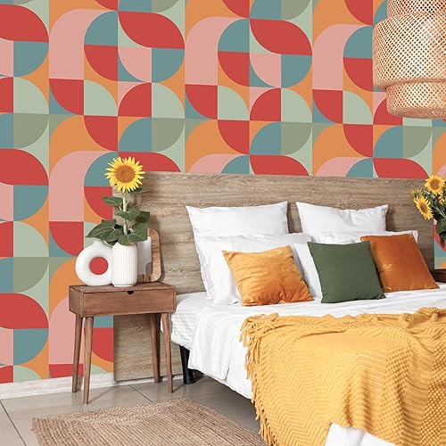 Miniatura 4 de VEELIKE Papel tapiz geométrico contemporáneo para despegar y pegar, papel tapiz geométrico abstracto colorido para pared de dormitorio, 17.7 x 118