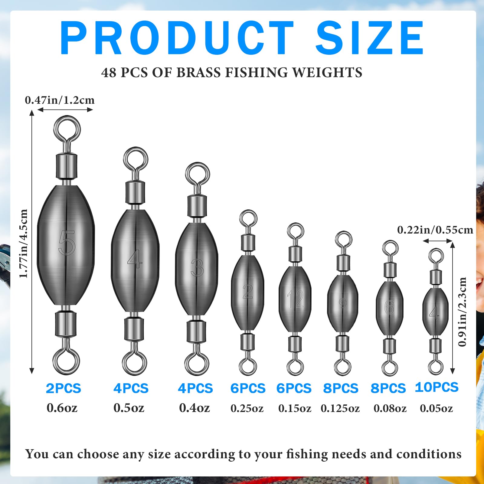 Seenelling 48 Pcs Trolling Sinkers With Swivels - 8 Sizes Brass Fishing Weights for Saltwater and Freshwater - Egg and Bullet Sinkers With Rolling Removable Swivel