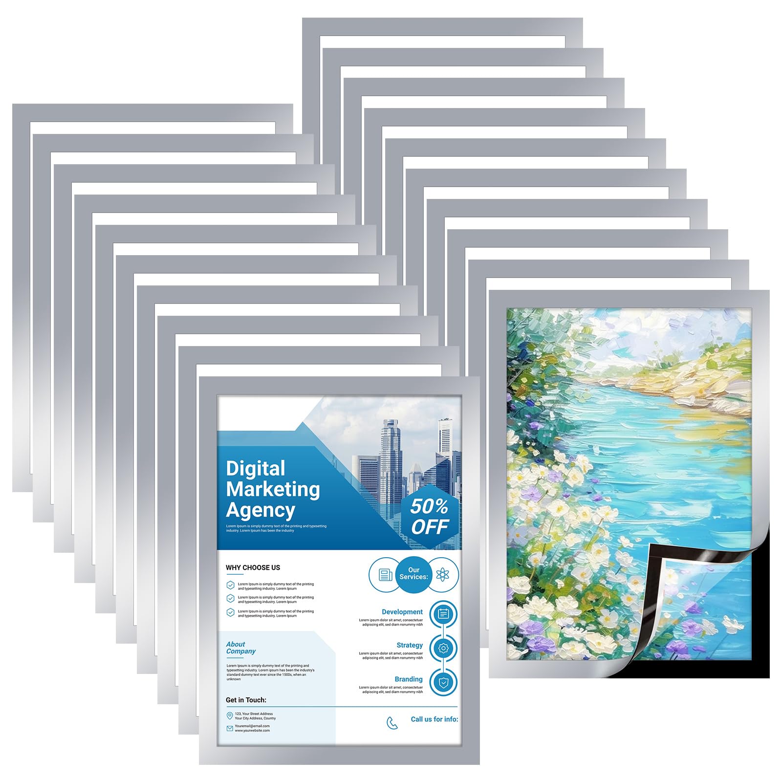 20Pcs A4 Magnetic Photo Frames for Fridge, 210x297MM Silver Magnetic Picture Frame for Refrigerator Whiteboards & Metal Surfaces, Magnetic Display Frame for Document Paper Holder(Silver)