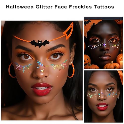 Halloween Glitter Freckles Face Tattoo, 8PCS Holographic Multichrome Waterproof Sparkle Face Glitter Speckles Patches for Women and Kids, Temporary Tattoo Makeup Accessories(Halloween Holographic Multicolor)