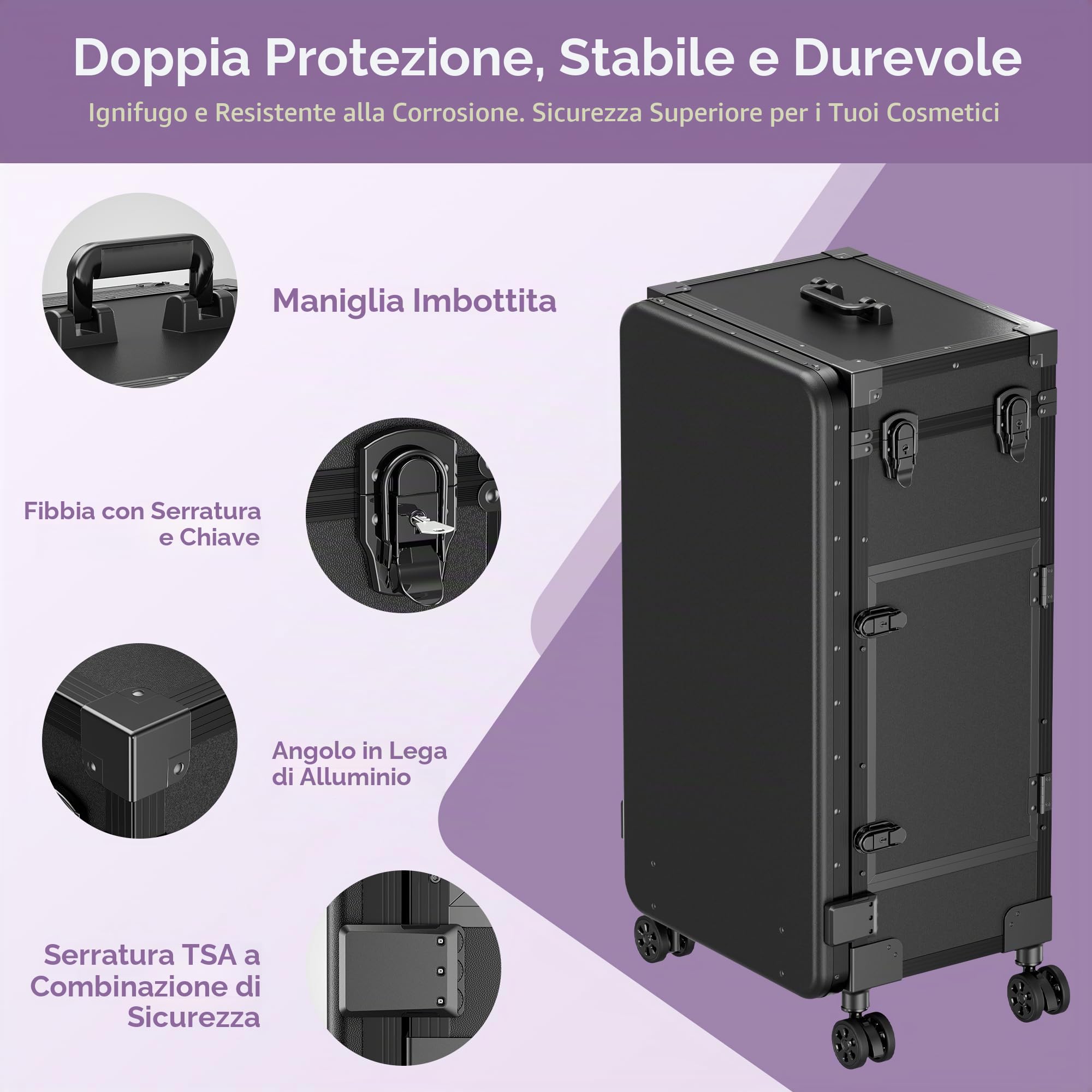Tavolo da Manicure Portatile con Rotelle, 3 Cassetti, Specchio LED e Organizer, Trousse da Viaggio con Chiusura a Chiave per Postazione di Lavoro, Tecnico Delle Unghie, Nero