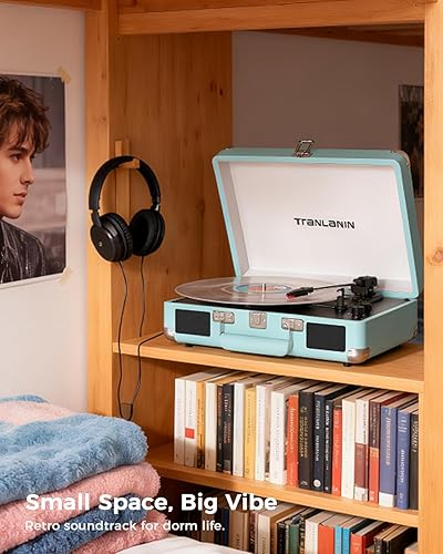 Miniatura 10 de Tocadiscos de maleta Bluetooth con altavoces integrados, control de graves y agudos, tocadiscos de 3 velocidades con parada automática, reproductor