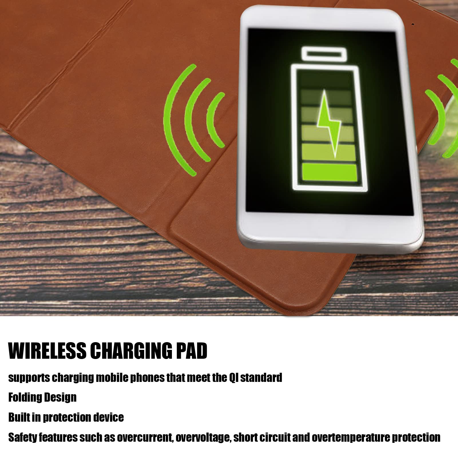 ADITAM Tappetino per Mouse Wireless Caricabatterie Wireless, Tappetino per Mouse a 3 Pieghe, Dispositivo di Protezione Integrato, Standard Qi, Design Leggero e Portatile (Marrone) Double The