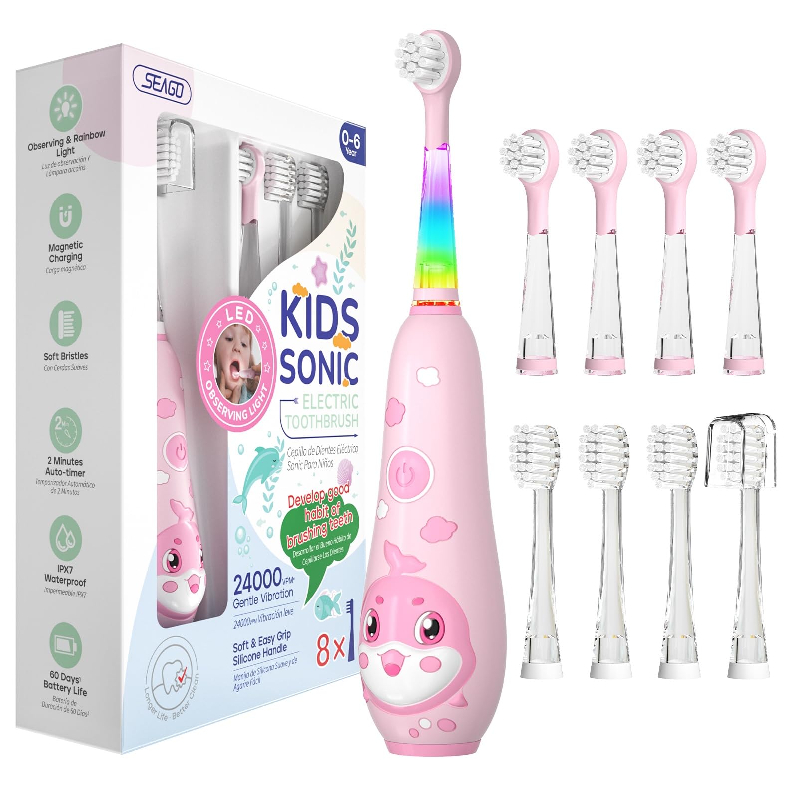 Seago recharge brosse a dent electrique enfant, brosse a dent bebe avec lumière LED 8 têtes, 60 jours d'utilisation, minuteur et étanche IPX7, pour 2 ans à 6 ans, SG2139, Rosa