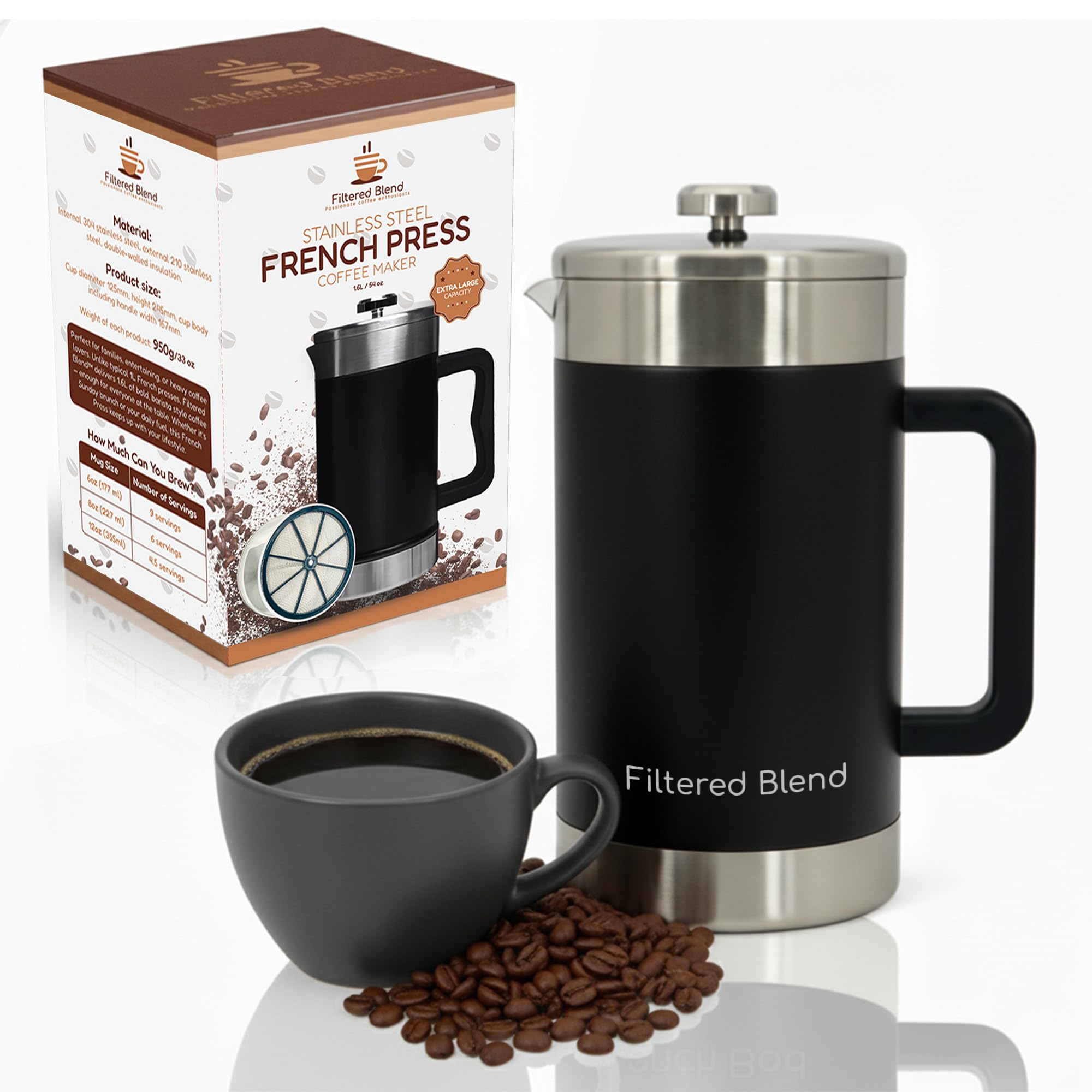 Filtered Blend 1.6L French Press Coffee Maker (Black) thumbnail 8