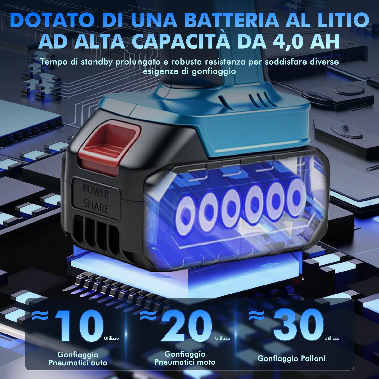 Pompa ad aria a batteria, 21 V, 150 PSI, pompa ad aria elettrica per auto, con batteria al litio e manometro, 800 W, pompa digitale per pneumatici portatile, per auto, moto, bicicletta, palloni